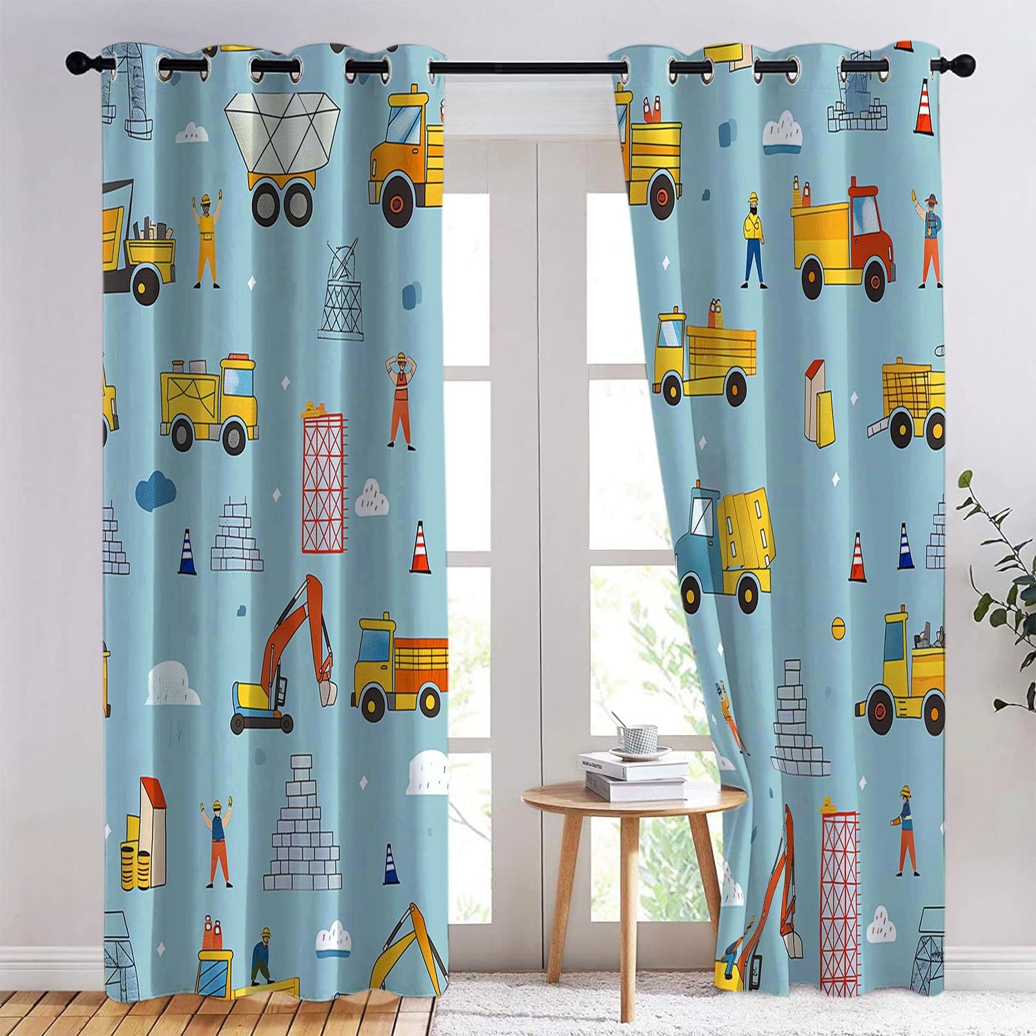 CozyRest Kinder Vorhänge Cartoon -Stil -LKW Ösen Gardinen mit Blickdichte Thermo Vorhang Kälteschutz Blackout Curtain Kinderzimmer Schlafzimmer Ösenvorhang Hellblau H 260 x B140cm x2