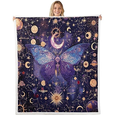 Erosebridal Gold Purple Moth Blanket Throw,Sun Moon and Stars Boho Blankets and Throws for Kids Girls Boys,Constellation Planet Outer Space Fleece Blanket Wildlife Galaxy Blanket 30