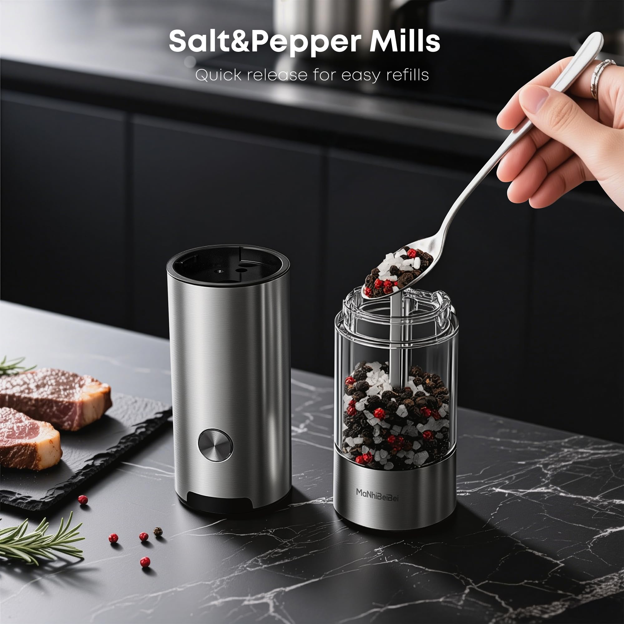 Juego de molinillo eléctrico de sal y pimienta operado con una sola mano, grosor ajustable, cuerpo de acero inoxidable, rebabas de cerámica, molinillos de pimienta con luz LED, regalo de