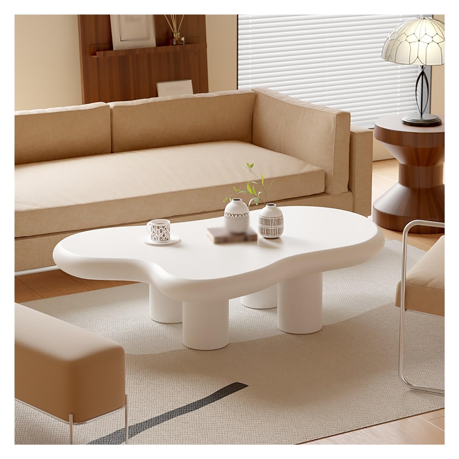Table basse en forme de nuage crème, table d'appoint bois massif salon et chambre