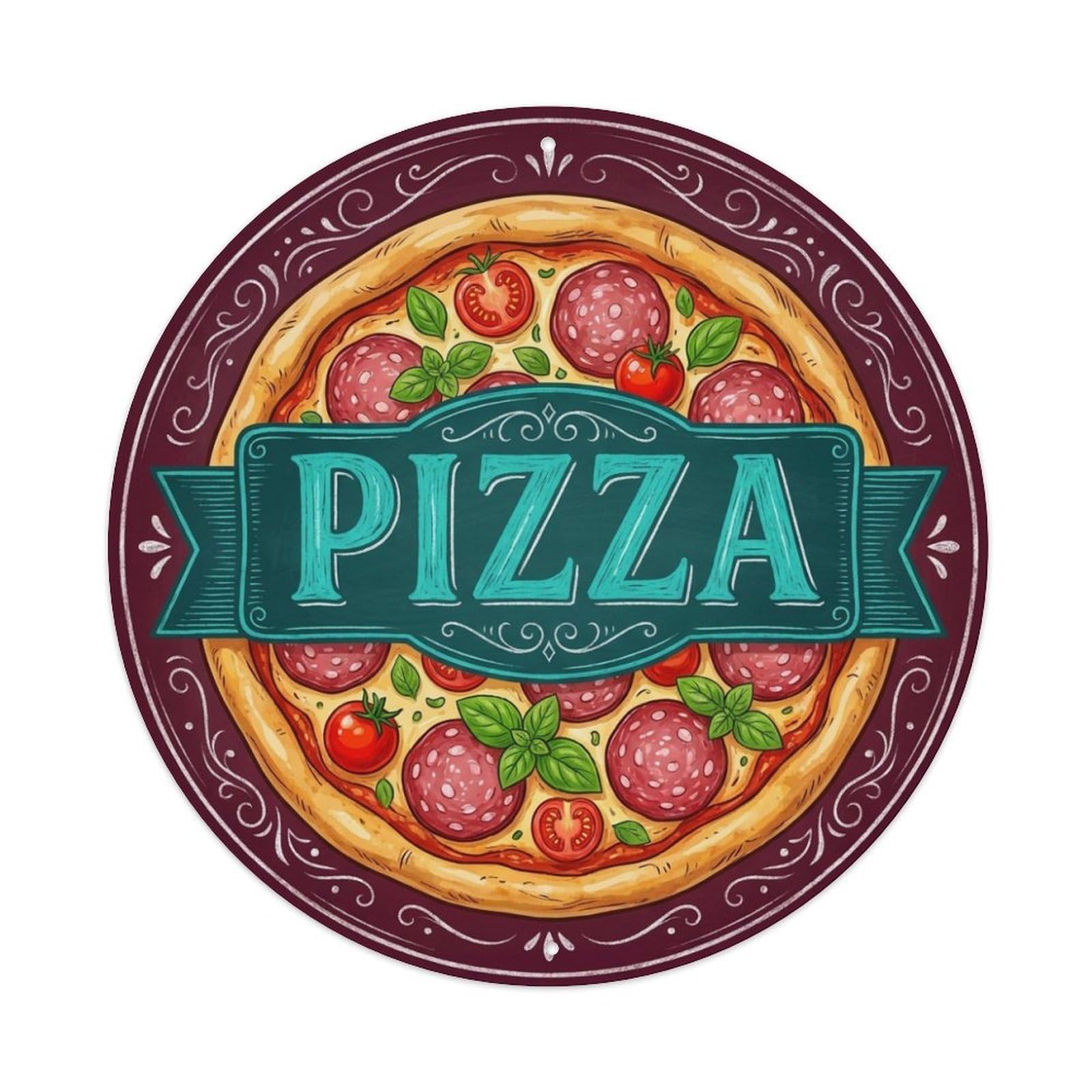 Salami Tomato Herb Pizza Food Illustration Metal Tin Sign