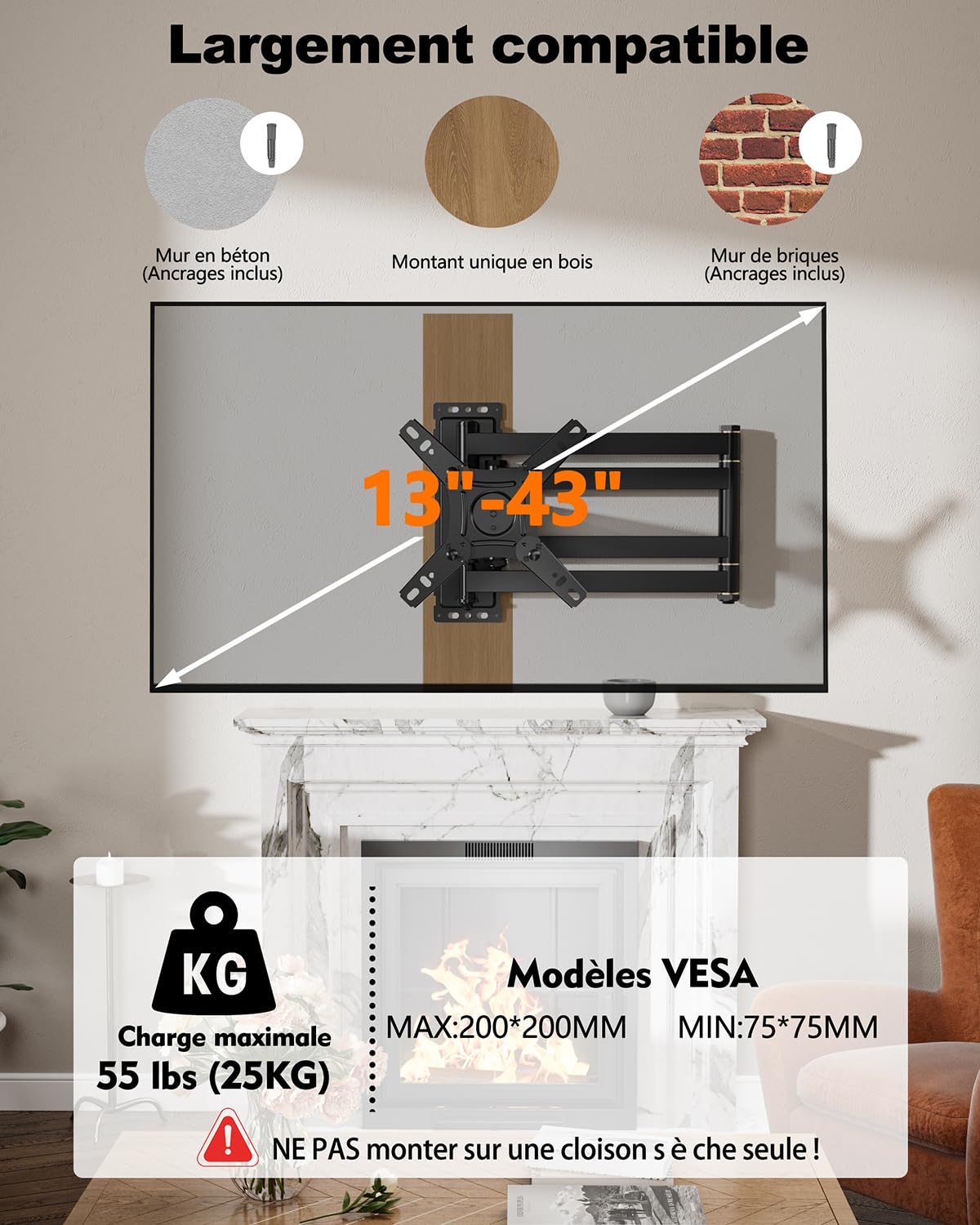 Support Mural TV à Extra Longue Portée 1036mm, [180°Rotation] [180° Pivotant] Support TV Mural Orientable et Inclinable pour Écrans & Monitors 13-43 Pouces LED LCD, Max VESA 200x200mm