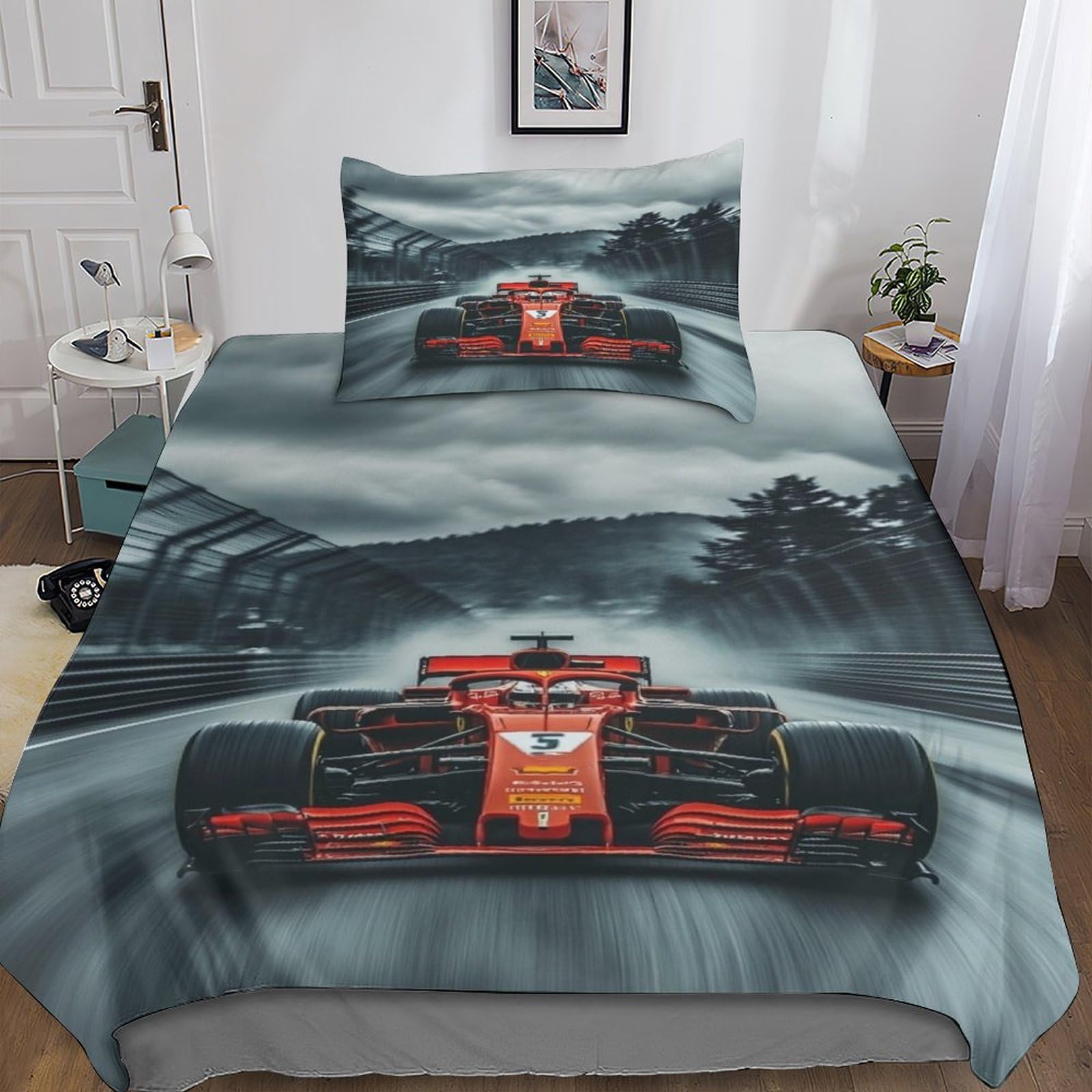 DAFUfbw Ferrarii Racing Bedding Set With Hidden Zipper, Single（135x200cm） Formulaone Duvet Cover Set with Pillowcases, Formulaone Pattern Quilt Cover Set Soft Microfiber