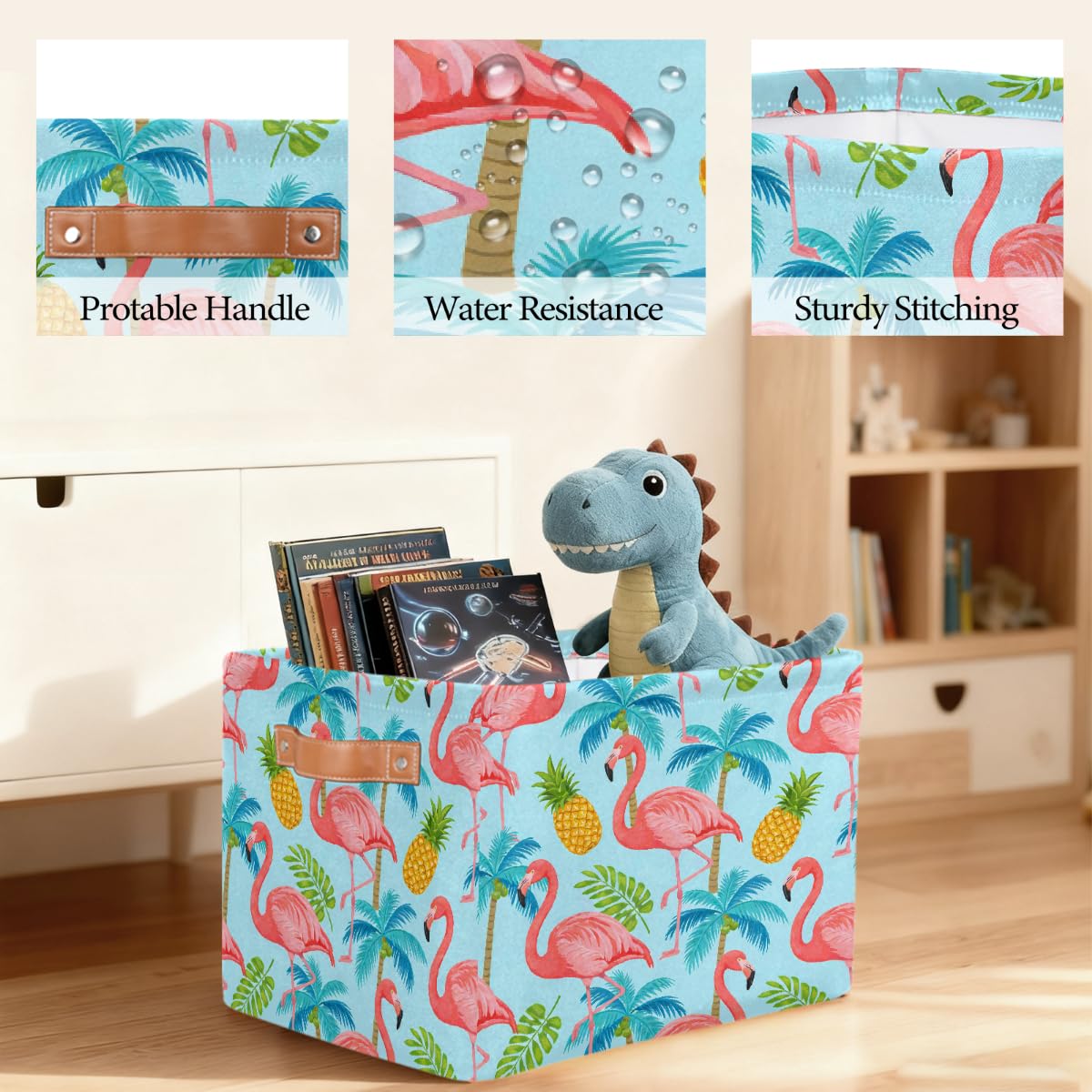 Rechteckiger Aufbewahrungskorb mit tropischem Flamingo, Ananas, Palme, mit Ledergriffen, faltbarer Stoff-Aufbewahrungskorb für Schrank, Badezimmer, Wohnzimmer, Büro, Spielzeug, Organizer