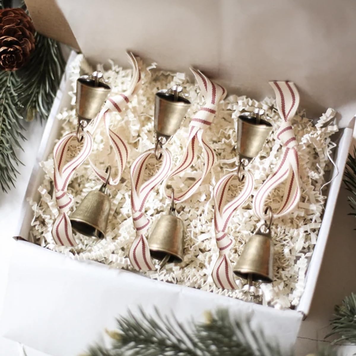 Antique Gold Finish Bell Ornament Set, Brass Scandinavian Ornament, 6 Mini Bell Christmas Ornament, Modern European Farmhouse