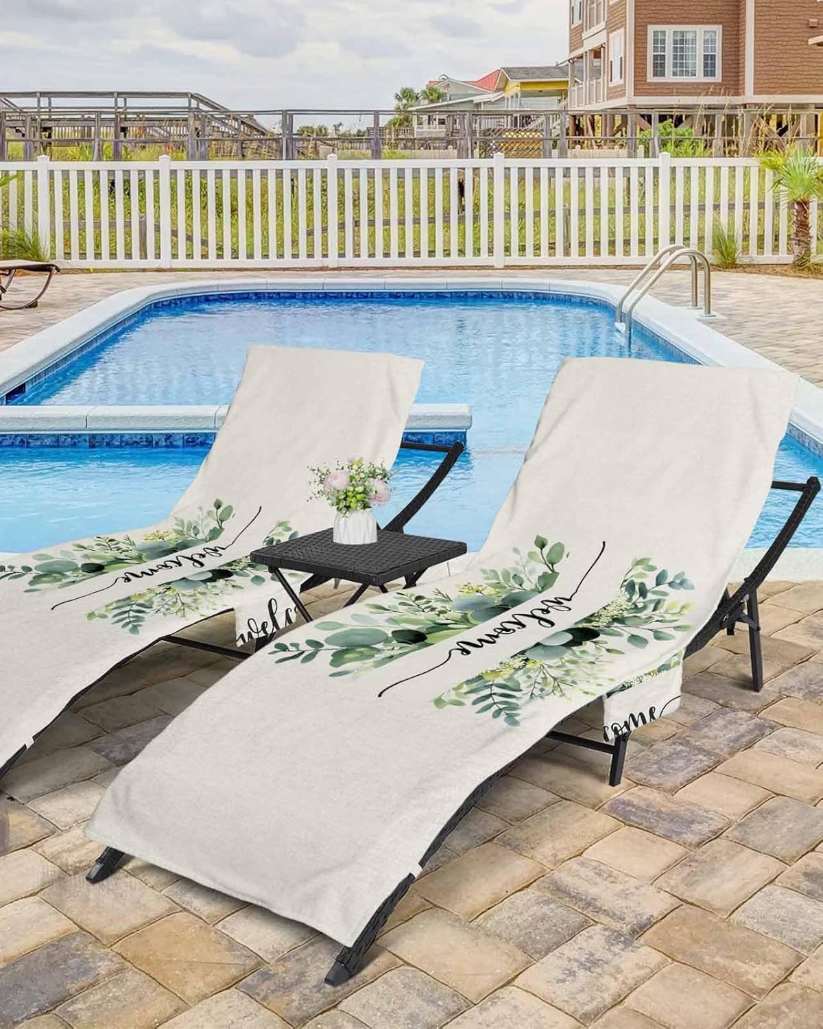 Eucalyptus Flower Beach Pool Patio Lounge Chaise Chair Cover Towel With Pockets,Absorbent & Quick Dry Microfiber Towel Cover Bag Summer Accessories Green Leaves Watercolor Rustic Chic Floral