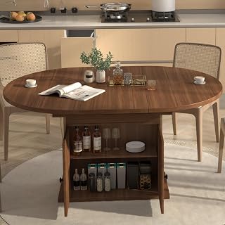 43.3in-59in Extendable Round Dining Table for 4-8, Modern Expandable Kitchen Oval Dining Table, Space Saving Circle Dining Room Table with Storage Shelf for Kitchen Living Room