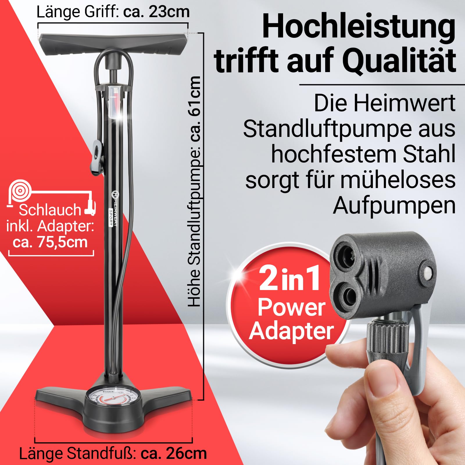 HEIMWERT Premium Fahrrad Luftpumpe für alle Ventile, hochpräzises Manometer, komfortable 12 bar Universal Standpumpe Fahrrad – Luftpumpe Fahrrad für maximale Zuverlässigkeit - Bike Pump