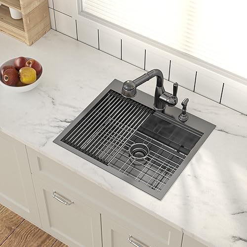 Miniatura 3 de Lepuday - Fregadero de cocina negro de 25 pulgadas para fregadero de cocina con estación de trabajo color negro plomizo, calibre 16, cuenco