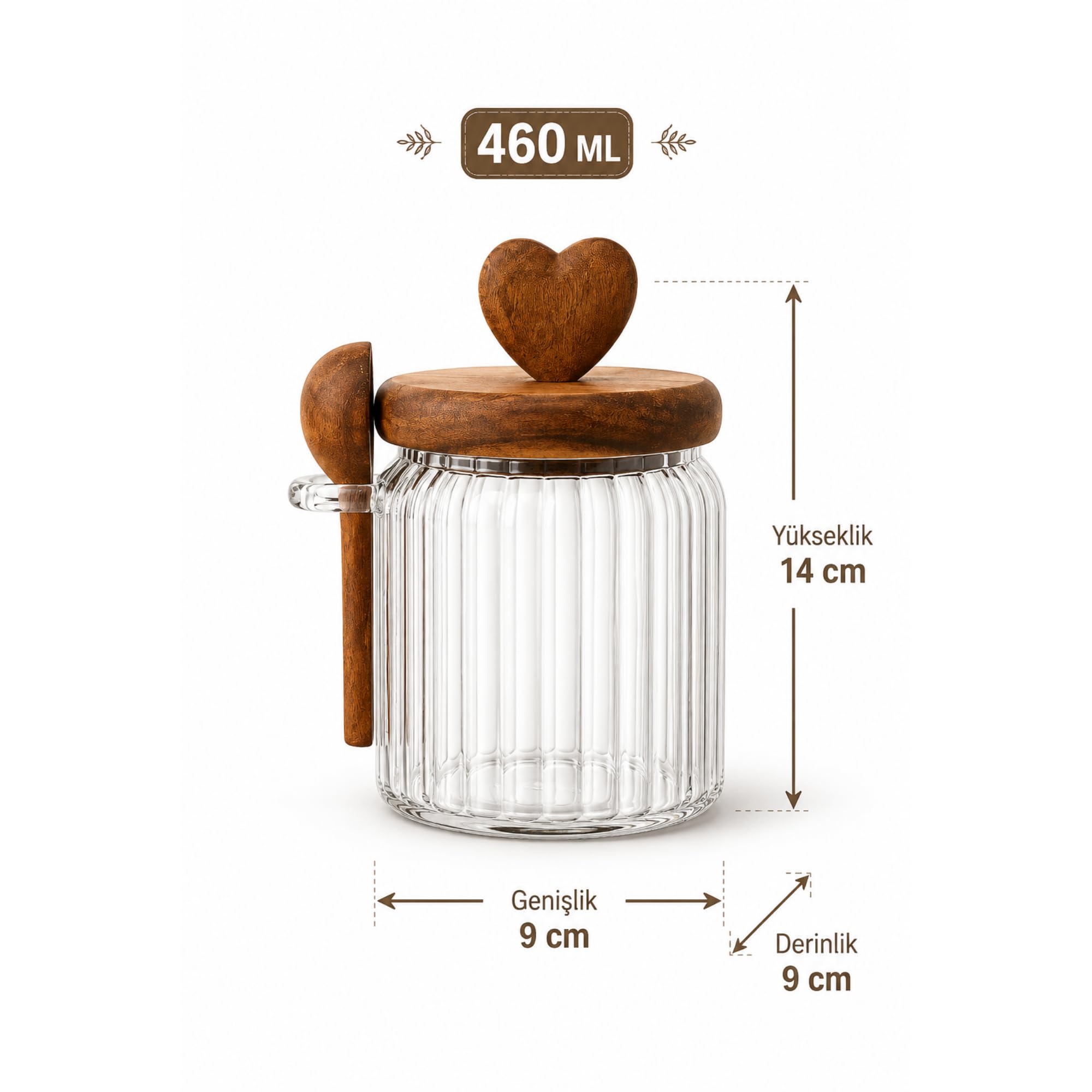 Akasya Kapaklı Cam Kavanoz 460 ML Kaşıklı | Hava Geçirmez Baharatlık Çay Kahve Şeker Saklama Kabı