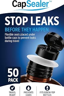 Leak Proof Travel Bottle Seals for Toiletries, 50 Pack | Stops Travel Leaks: Flexible seals fit under bottle caps to protect clothes & luggage from toiletry spills while traveling