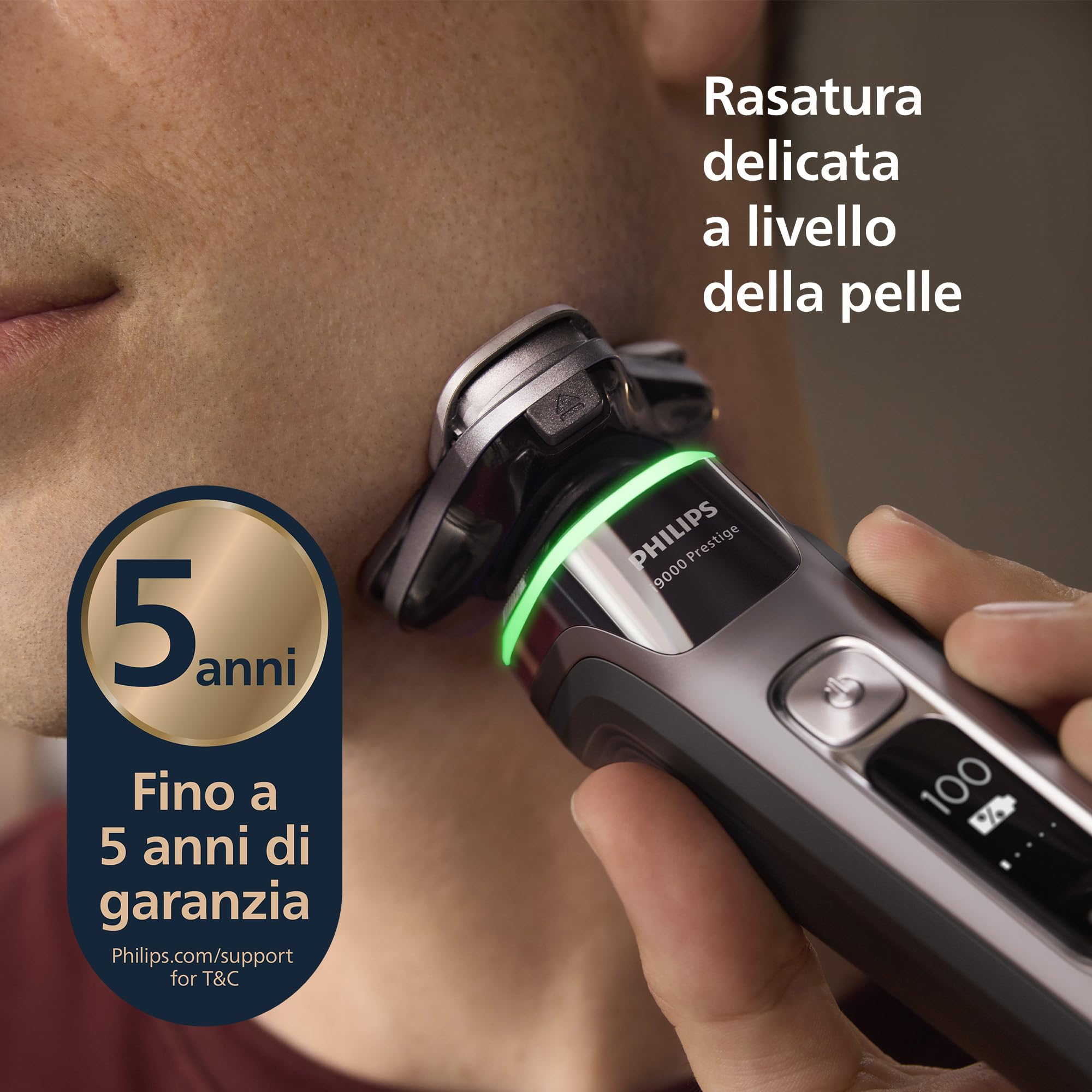 Philips Shaver i9000 Prestige, rasoio elettrico Wet & Dry, tecnologia Skin IQ, triplo sistema di sollevamento e taglio, doppie lame di precisione in acciaio 360º, styler per barba, modello XP9202/33