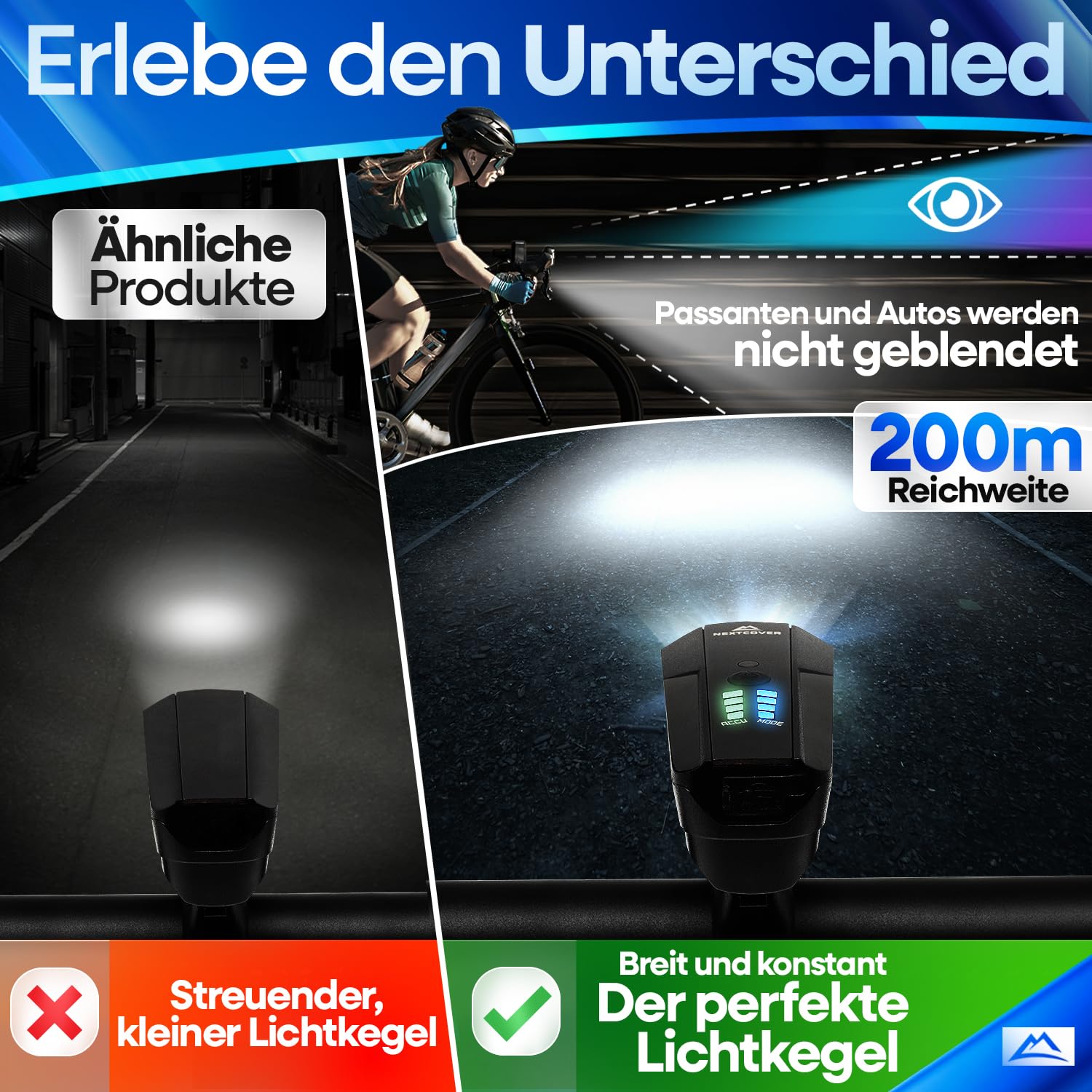 NEXTCOVER® Set di luci per bicicletta con sensore [LightSensse] e durata della batteria 11 ore, ricaricabile tramite USB e impermeabile, approvato StVZO, luce anteriore a LED per bicicletta e fanale