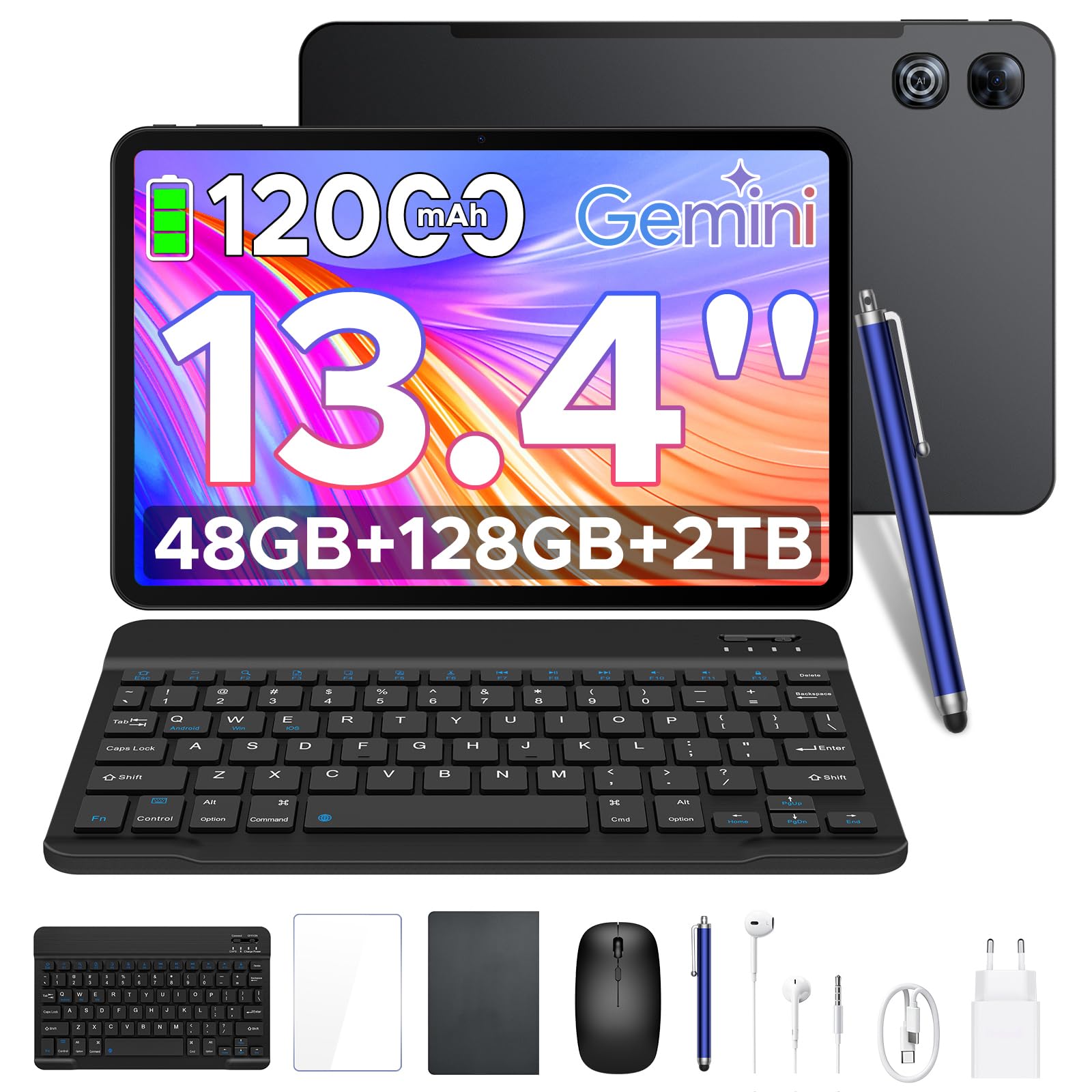 P13 Tablets 13.4 Pulgadas, 2.4K 120Hz Tablet Android 16 & Gemini AI, 48GB RAM + 128GB ROM, T7280, 120P1300mAh, Widevine L1, 13MP+8MP, Altavoces Duales, Tablet con Teclado, Lapiz, Funda, Negro