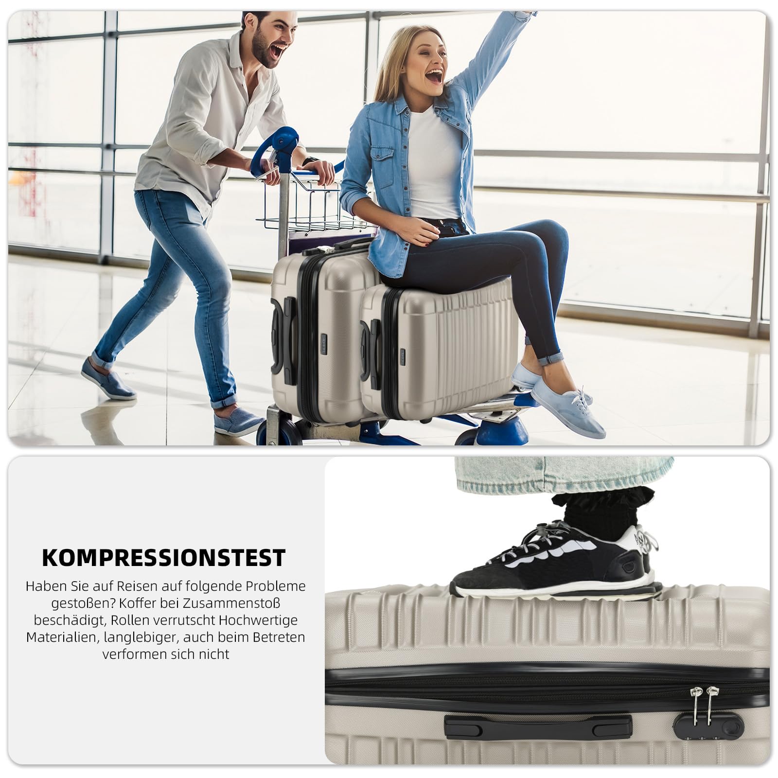 BEIBYE 2088 Zwillingsrollen Reisekoffer Hartschale Trolleys M-L-XL-Set Champagner