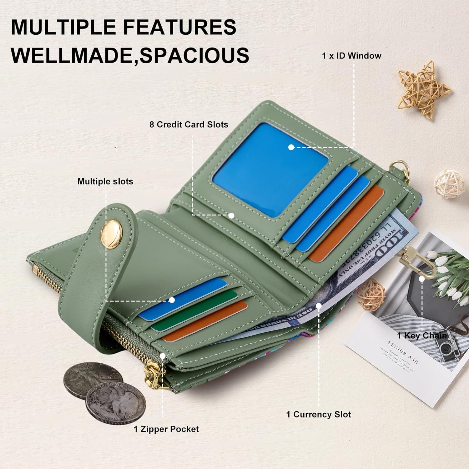 Cute Women Wallet, Small Slim Thin Rfid Credit Card Wallet, PU Leather Bifold Cash Zipper Coin Pocket ID Window for Female Ladies Teen Girls Girly - Image 3