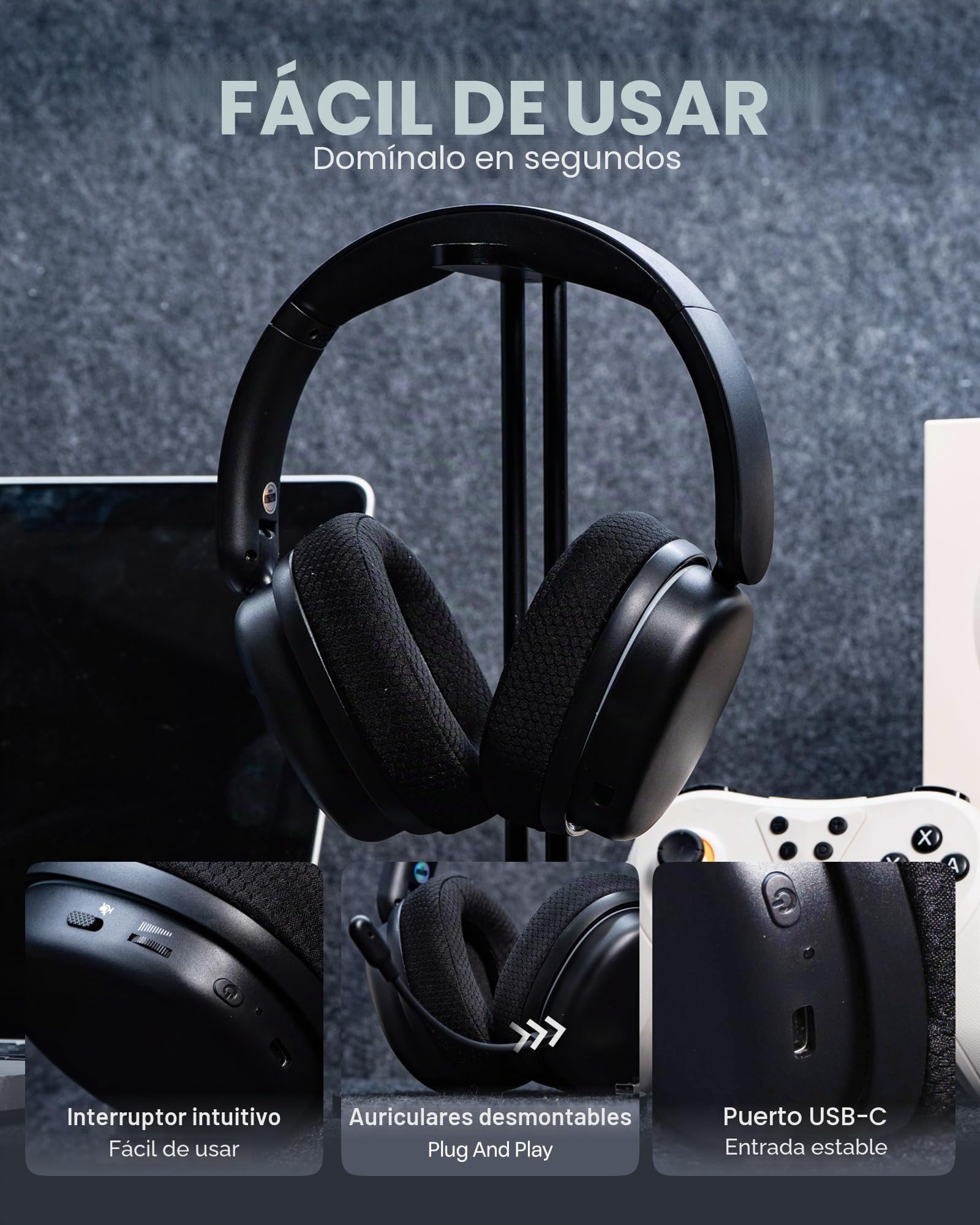 EPOMAKER X Aula G7 Pro Auriculares Inalámbricos con Micrófono con Cancelación de Ruido para Gaming, BT5.3&2.4GHz, Sonido Envolvente 7.1, 80H de Batería, RGB, Compatible con PS5/PS4/Switch/PC (Negro)