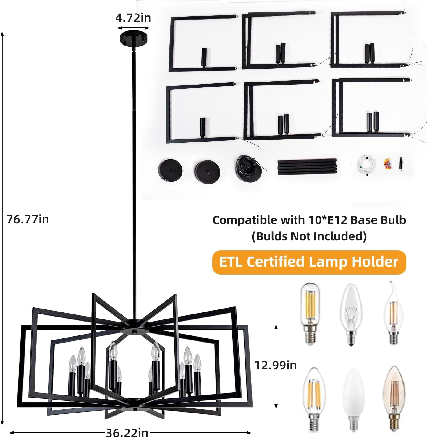 Black Chandelier for Dining Room,10-Light Kitchen Chandelier Light Fixture Modern Farmhouse Geometric Metal Hanging Industrial Chandeliers for Entryway Kitchen Island Foyer Lighting Fixtures