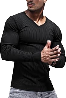 Mens Slim Fit V Neck Long Sleeve Muscle T-Shirt Stretch Ribbing Undershirts Pullover Top Thermal Underwear
