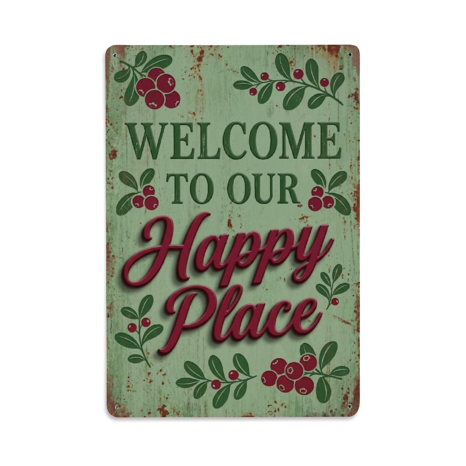 Welcome To Our Happy Place Lingonberry Garden Metal Tin Sign Plaque Wall Decor for Cafe, Club Bar, Office, Home Garden Metal Poster 8x12Inch