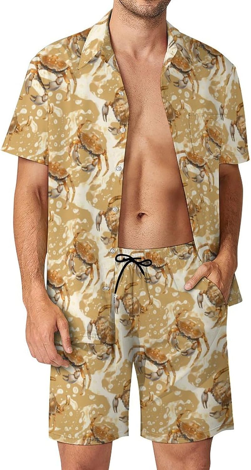 Crabs Men's Summer Beach Outfits Shirt And Shorts Set 2 Piece Vacation Swimwear