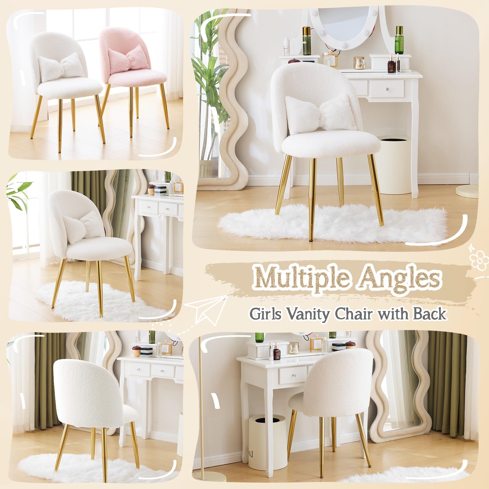 Bonnlo Silla de Maquillaje, Silla Tocador, Sillas de Comedor, Patas Doradas Ajustables y cojín con Lazo para Dormitorio, Sillón Salón para Tocador u Oficina en Casa (Tejido Teddy, Blanco)