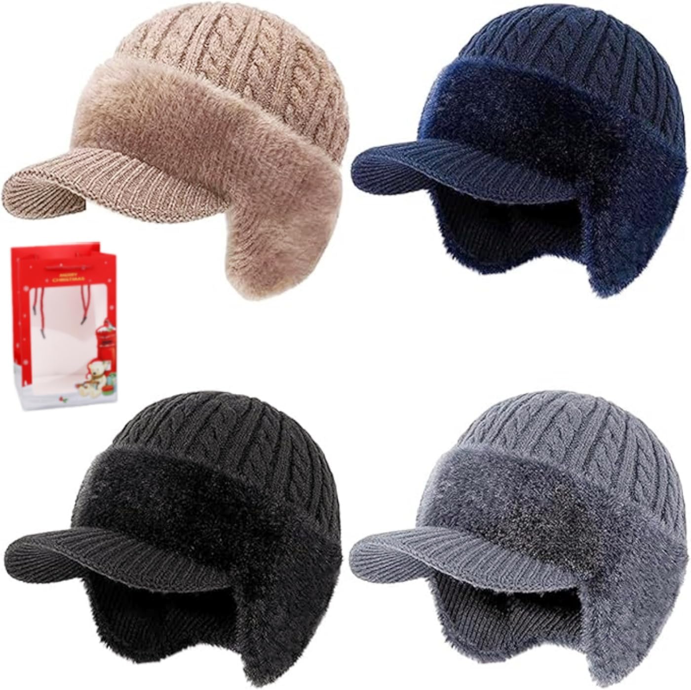 Blocking Knitted Hats with Ear Flaps and Wool Brim,Moisture Wicking Comfort,Outdoor Winter Warm Hat,Thicken Winter Hats