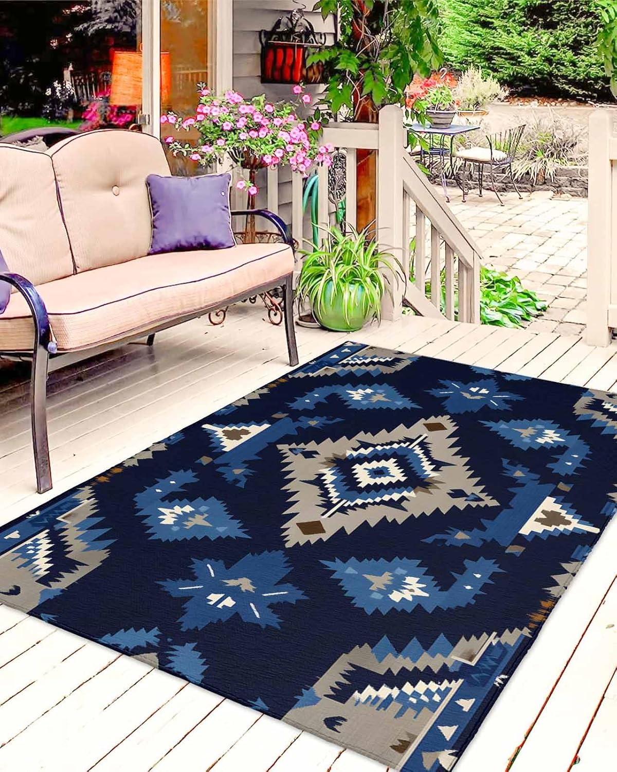 DecorLovee Outdoor Rug 4' x 6', Navy Blue Grey Boho Large Non Slip Area Rugs Washable Floor Mat, Ethnic Geometric Retro Southwestern Reversible Indoor/Outdoor Carpet Runner for Patio, Backyard, Deck