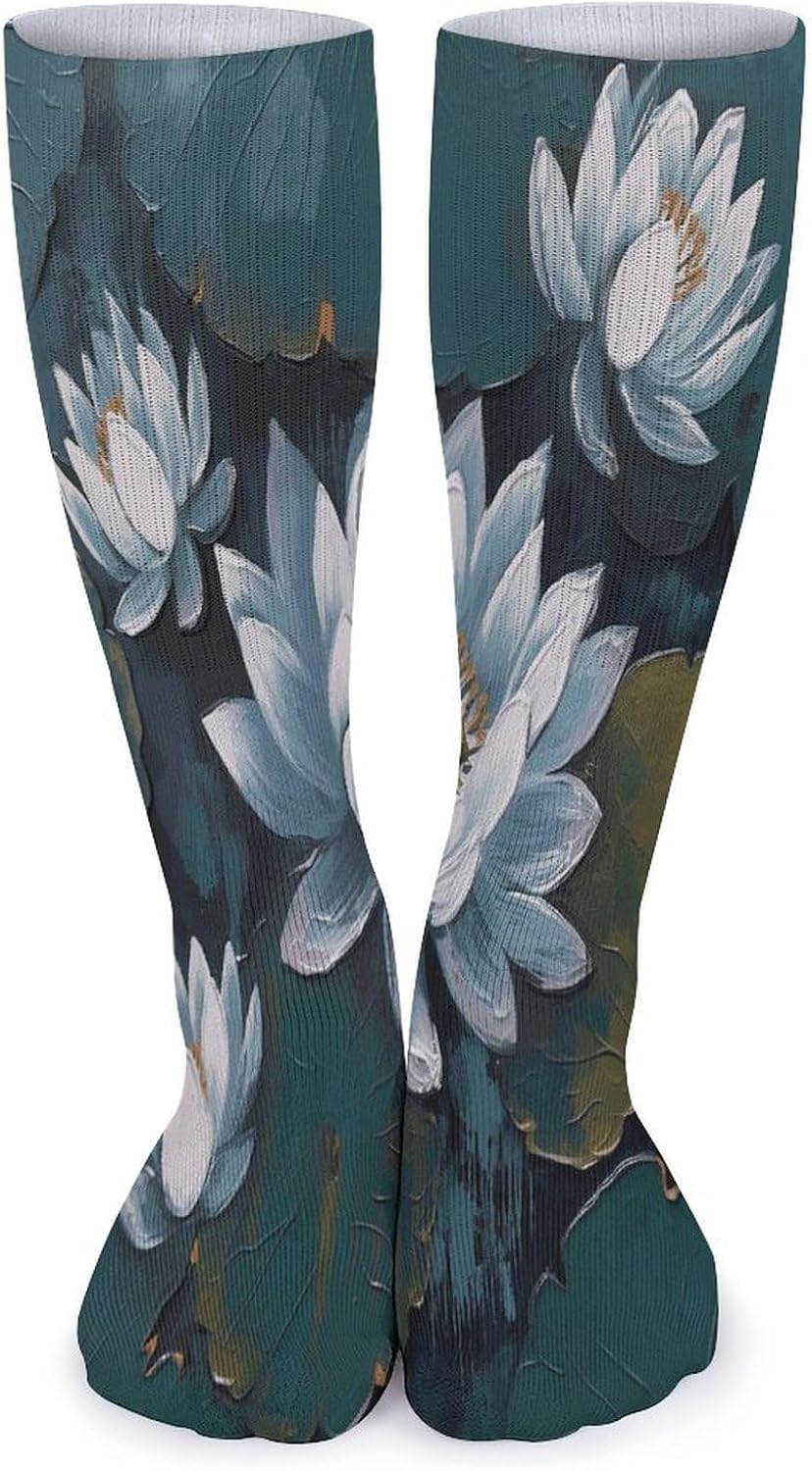 Hand Painted Lotus Knee High Socks Cozy Knee High Socks Soft Mid-Length Sock for All Seasons Daily Wear Adult