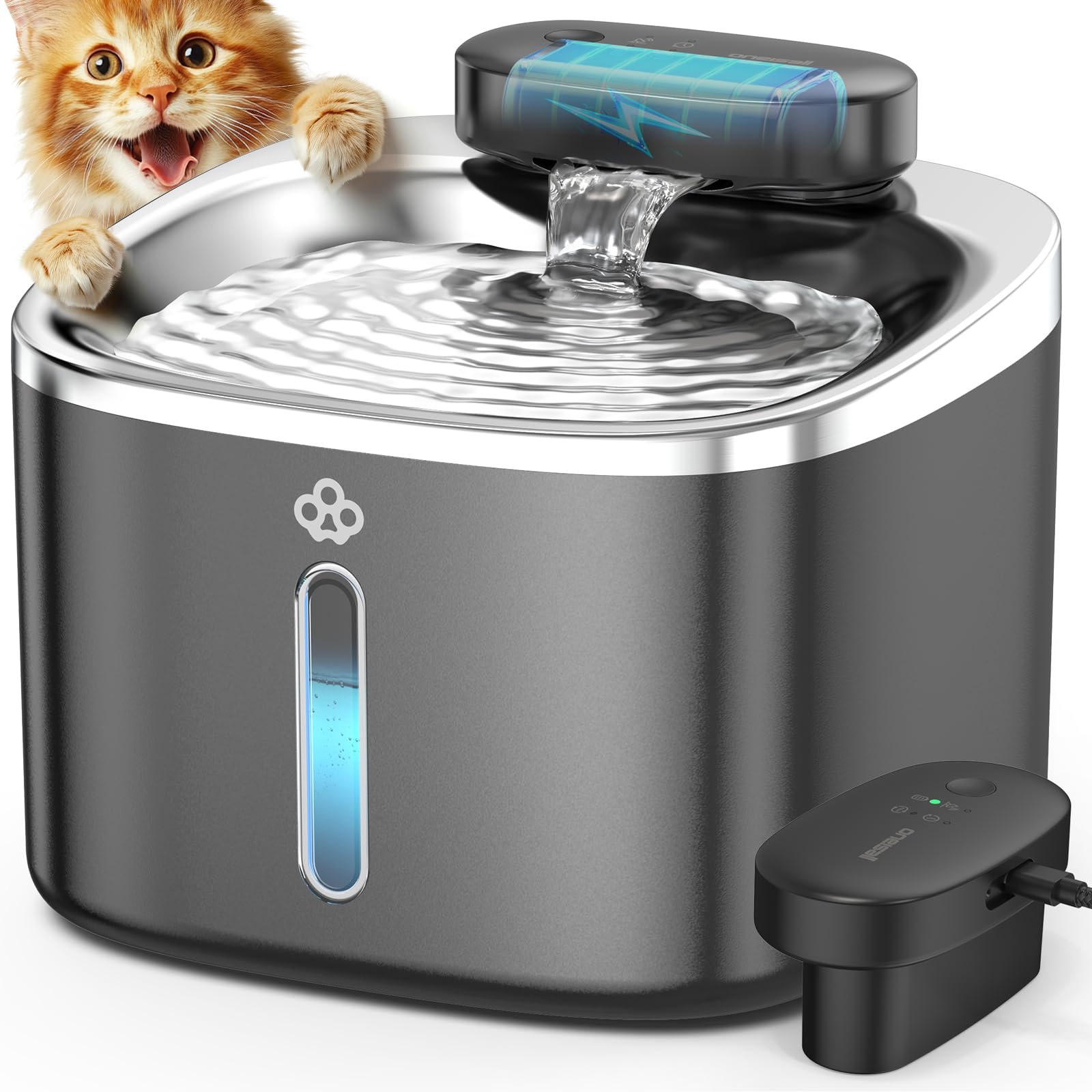 oneisall Fuente de Agua inalámbrica para Gatos para Beber, Fuente de Acero Inoxidable de 3.5 L con Sensor de Movimiento, Fuente de Agua inalámbrica silenciosa Que Funciona con Pilas, Cuenco para