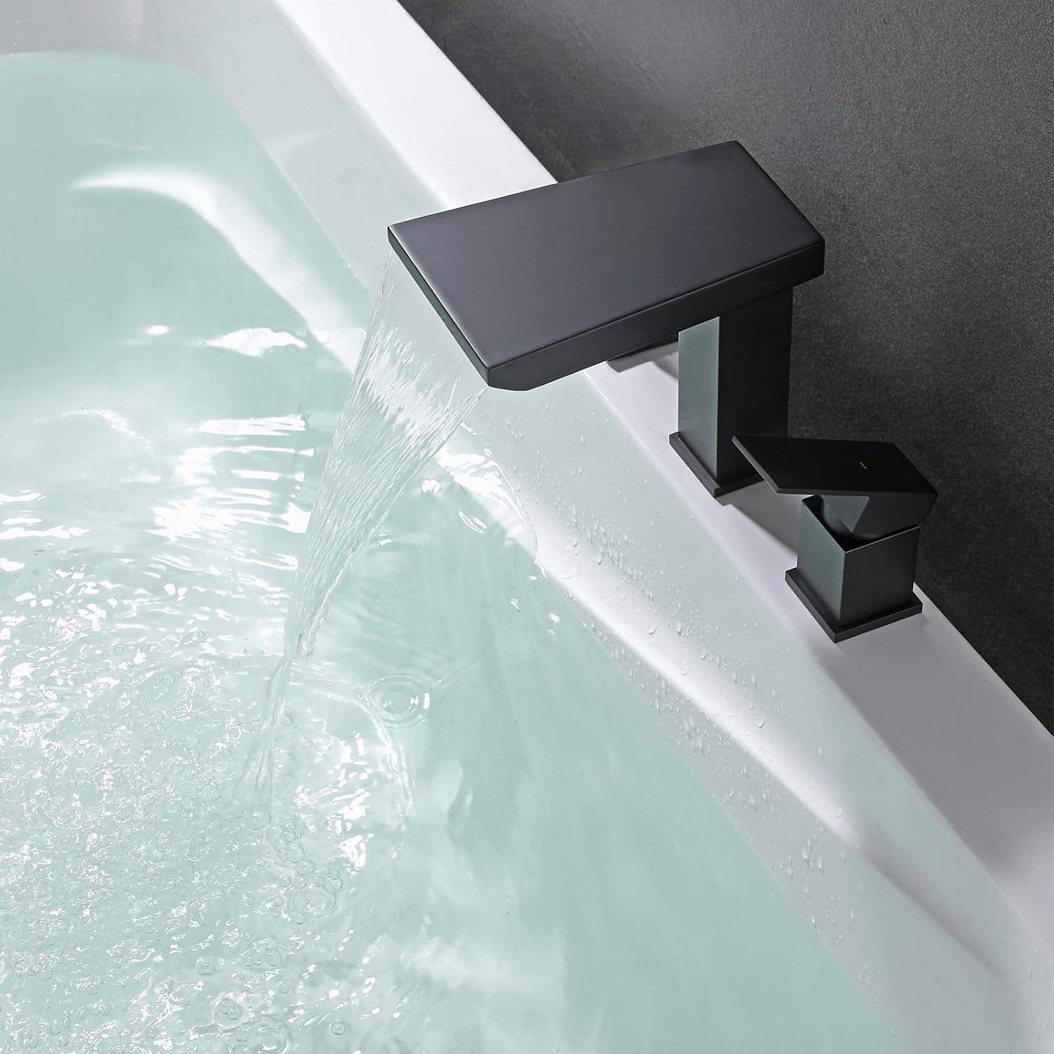 Brass High Flow Waterfall Roman Bathtub Faucet,Deck Mount Bathtub Faucets Set,3 Holes Two Handles Widespread Bath Tub Filler Tub Faucets,Matte Black