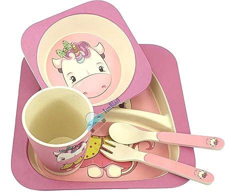 FunBlast (Set of 5 Pcs) Bamboo Fiber Eco-Friendly Kids Feeding Set, Bamboo Fibre Dinner Set for Kids (Unicorn1)