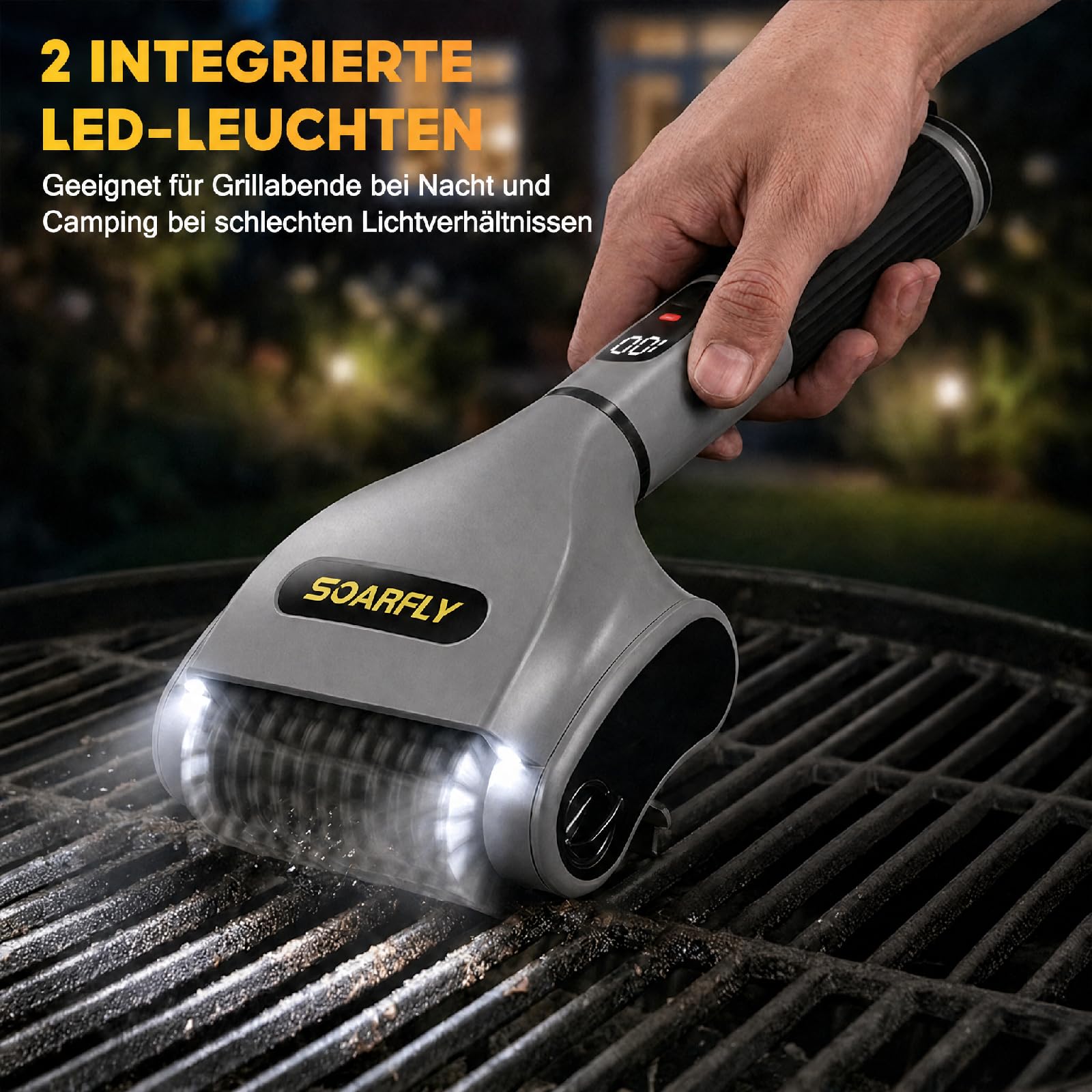 SOARFLY Elektrische Grillbürste, Grillbürste mit Einer Laufzeit von 210 Min bei 800 U/min, 20 kg Drehmoment & Zwei LED-Leuchten, Elektrische Reinigungsbürste für Männer und Grillfans