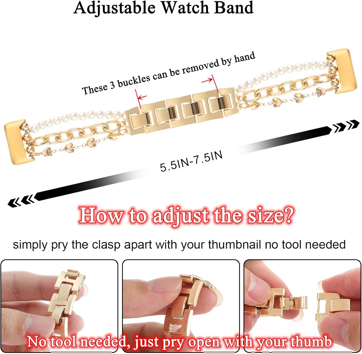 Pearl Beaded Bands Compatible with Fitbit Charge 6/Charge 5 Band Women, Dressy Wristband Stylish Gold Love Shape Link Chain Cute Strap Jewelry Bracelet for Fitness Tracker