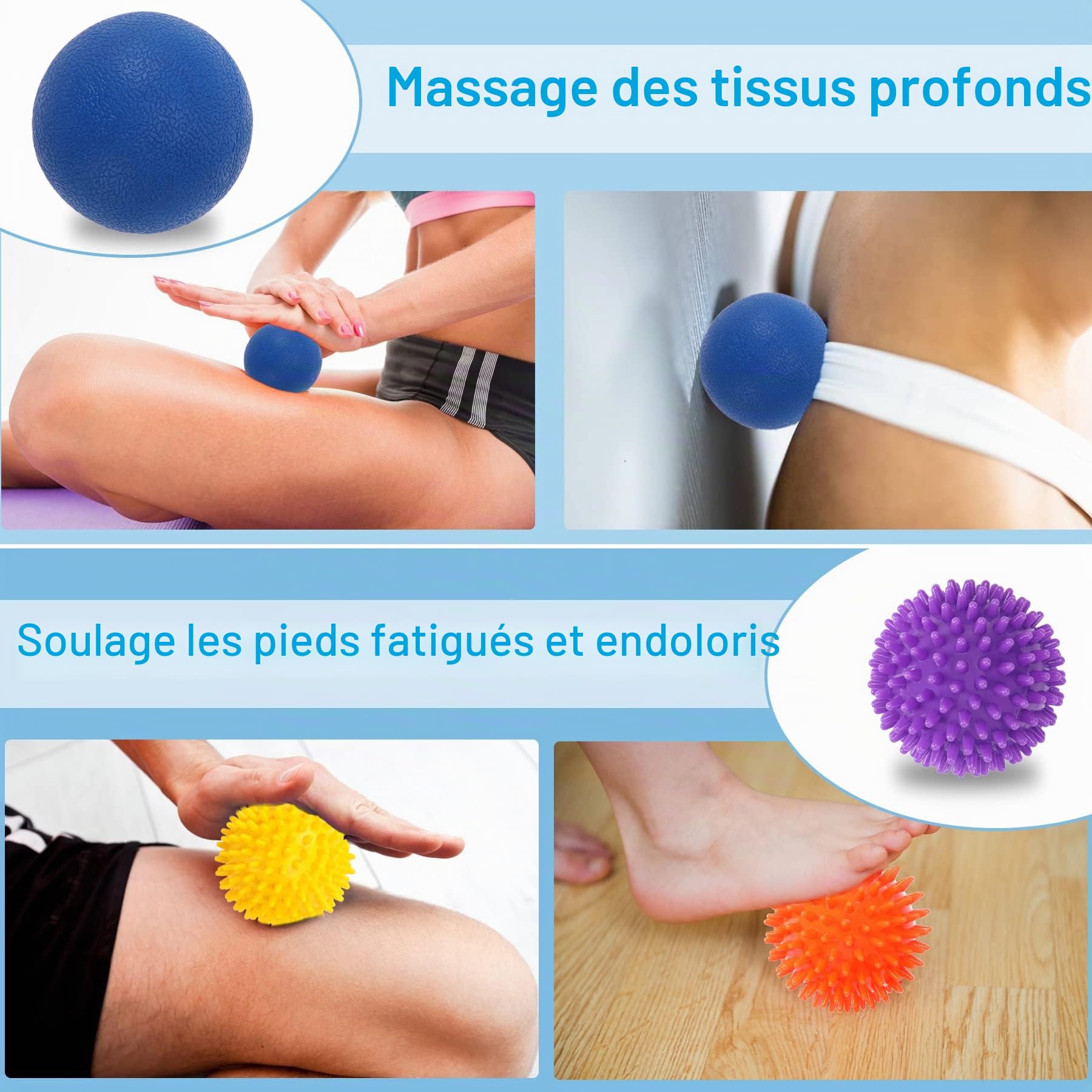 SANNIX Balles de Massage Lot de 6 Balles à Picots Anti-stress Réflexologie Massage de Trigger Point pour le dos Jambes Pieds Mains