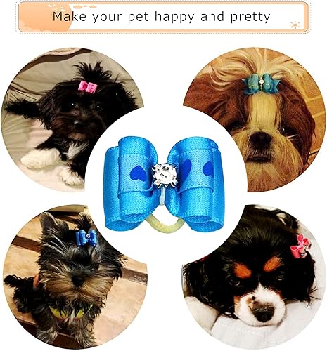Miniatura 4 de 50 unids25 pares de lazos para el pelo de perro pequeño con bandas de goma y diamantes de imitación, lazos de aseo para cachorros, perros, gatos,