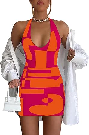 PICPUNMAK Women Sexy Halter Neck Backless Knit Bodycon Mini Dress Tie Back V Neck Sleeveless Color Block Bandage Dresses Orange