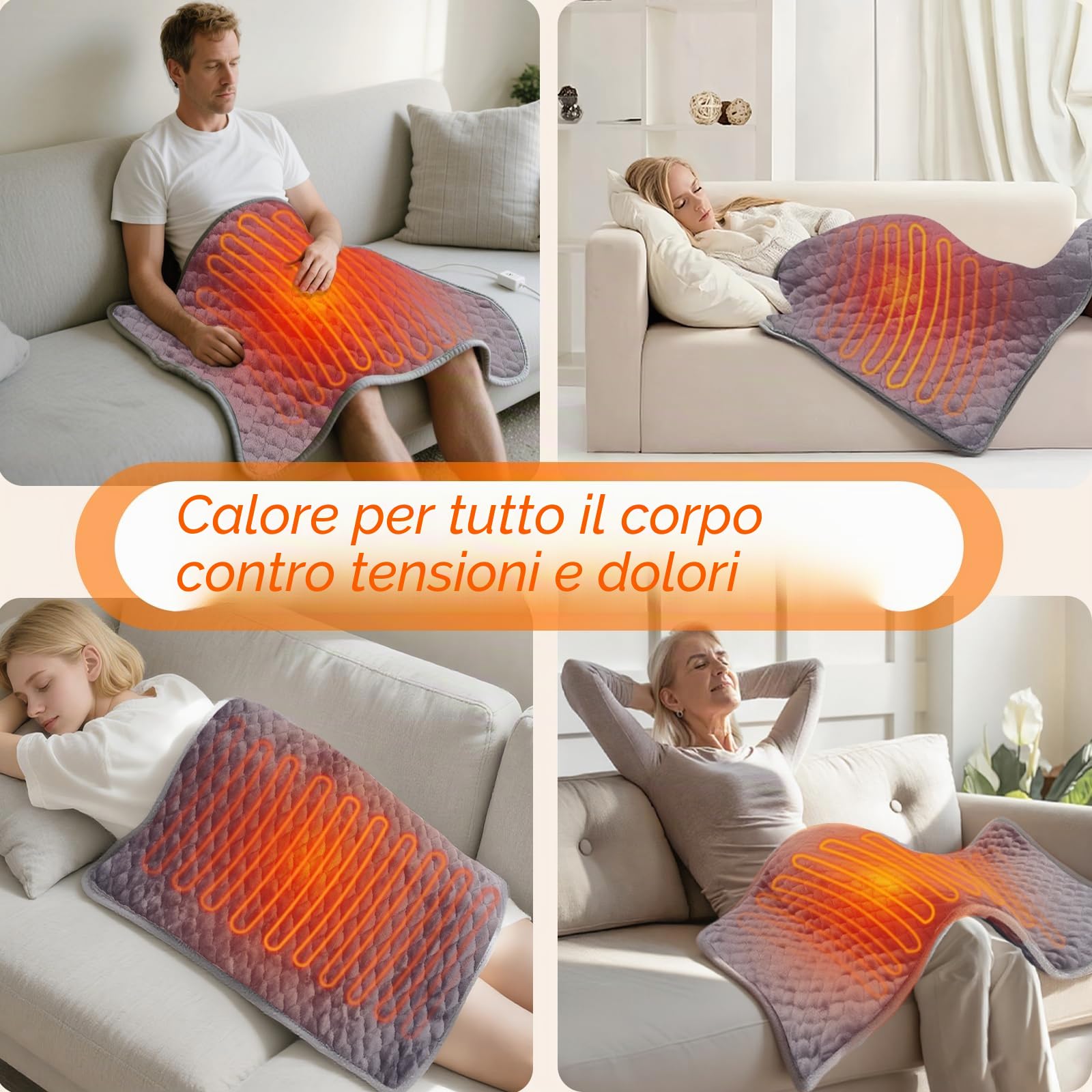 Cuscino riscaldante con spegnimento automatico, 80 x 42 cm, cuscino riscaldante Cervicales XXL con livelli di riscaldamento 25 – 55 °C, timer 1 – 12 H, flanella cristallo allungato, cotone di seta