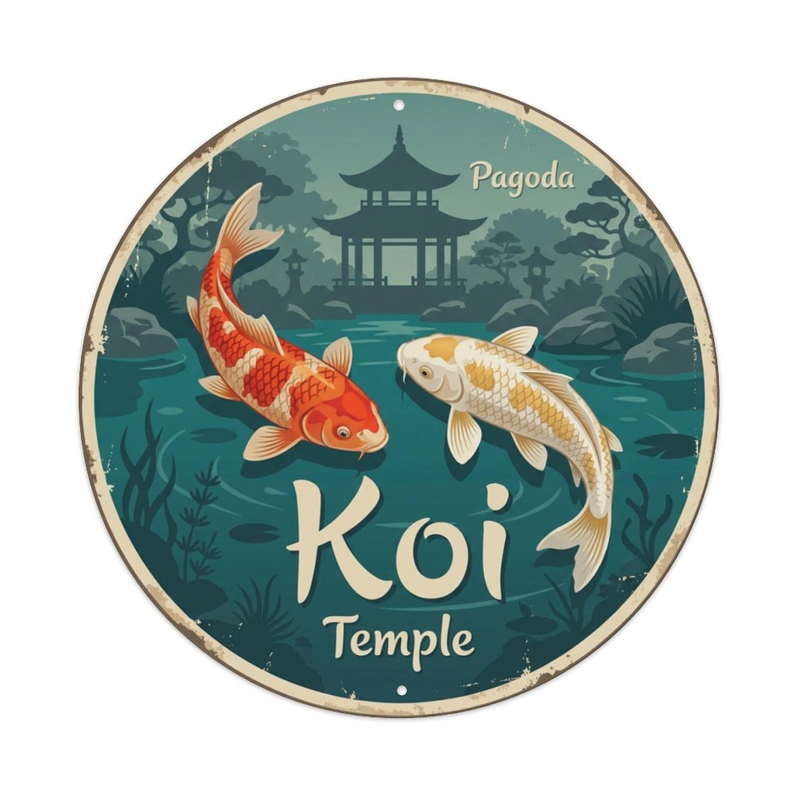 Koi Fish Pagoda Temple Waters Asian Architecture Garden Metal Tin Sign