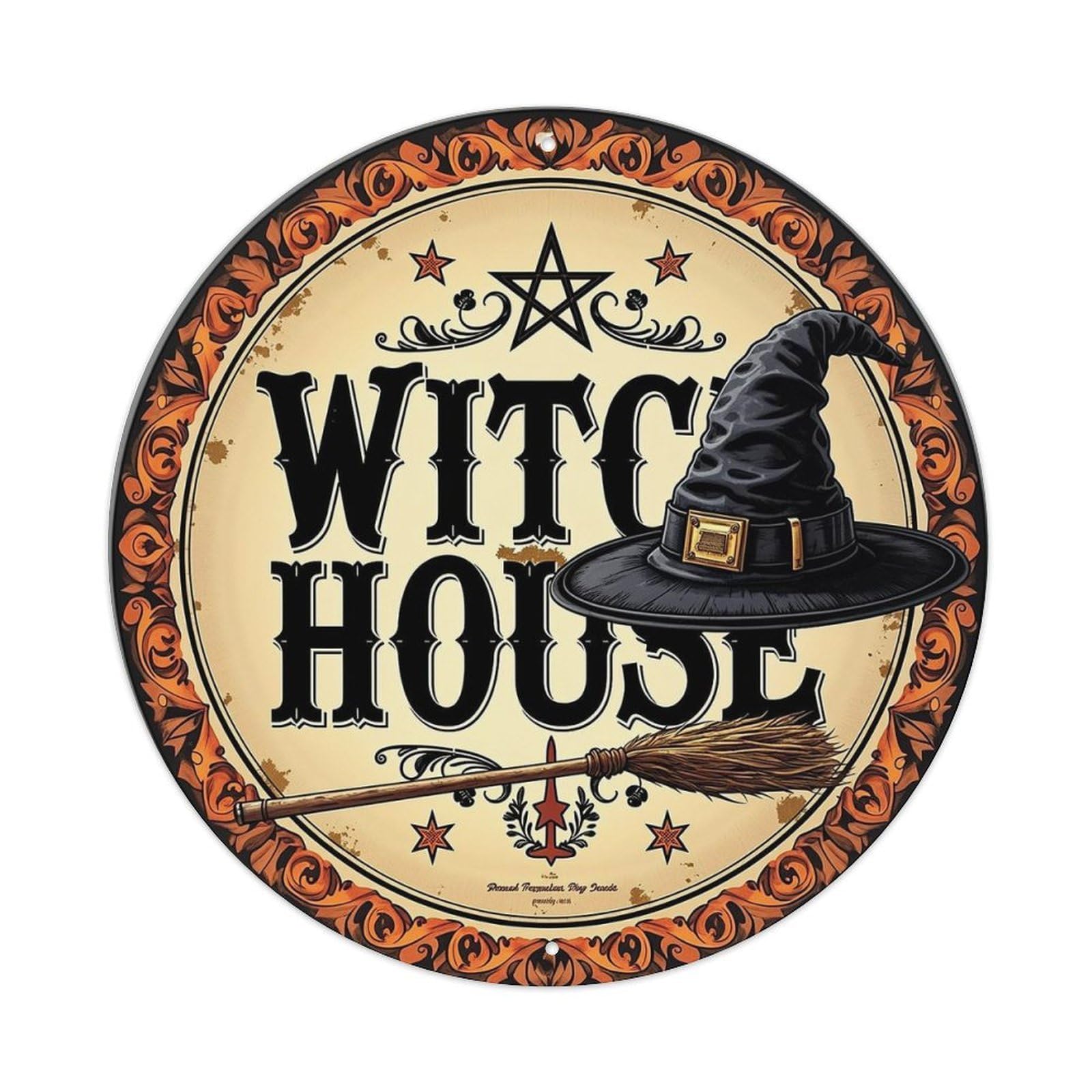 Witch House Magic Broom Hat Tin Sign Metal Poster Vintage Metal Signs for Home Man Cave Bar Cafe Kitchen laundry room Wall Decorations 8x8 inches