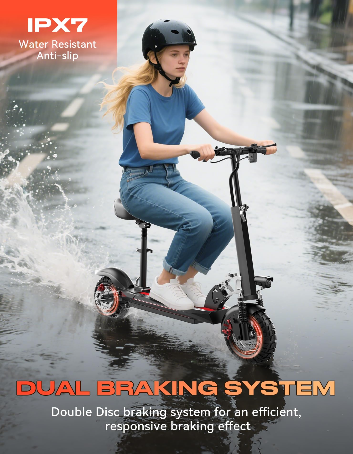 Electric Scooter for Adults with Seat, 1500W Peak Motor, 72 km Range, 40 km/h Top Speed, 48V 13Ah Battery, 136 kg Load Capacity, Dual Disc Brake, 10" Off-Road Foldable E-Scooter for Teens & Adults — view 7