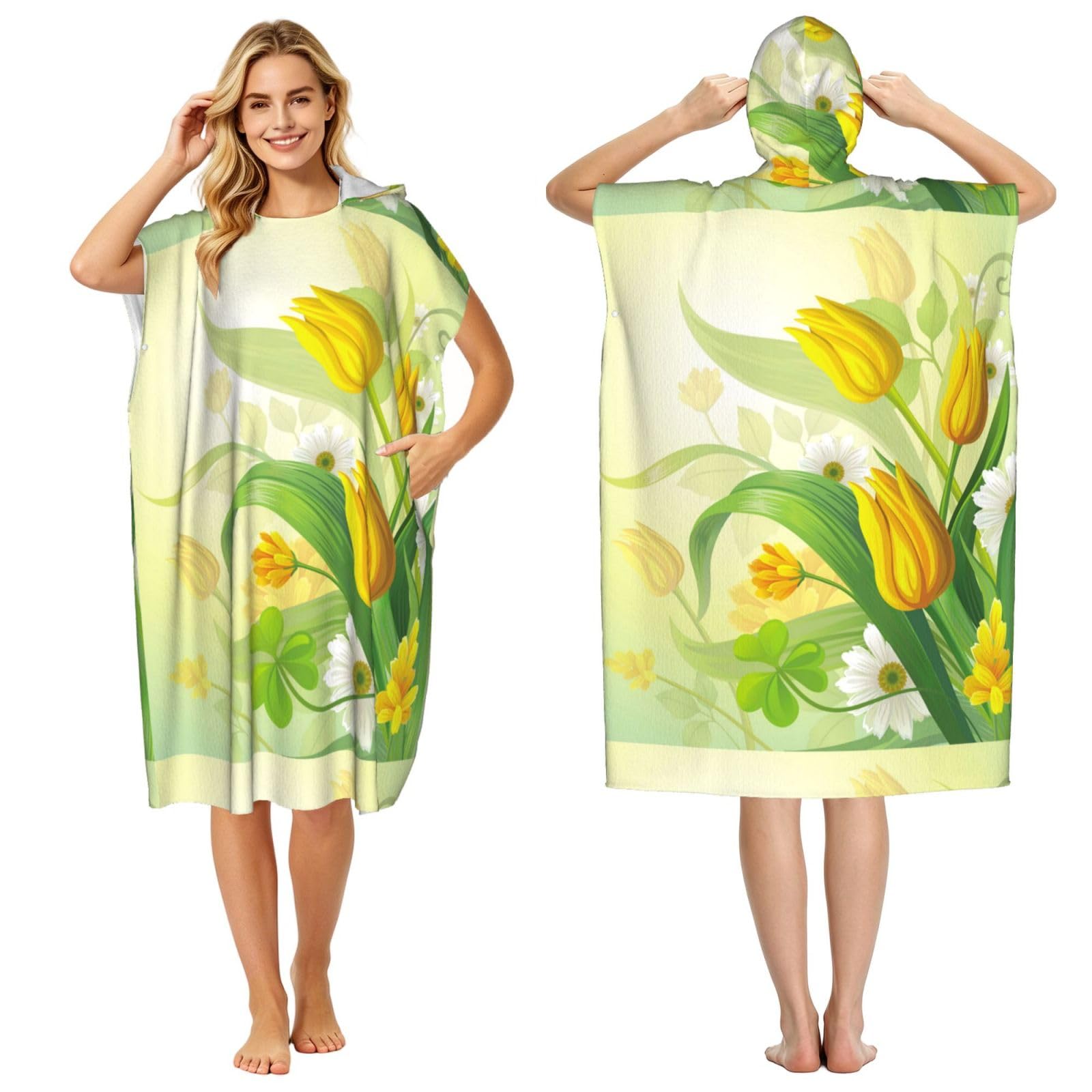 Poadnly Watercolor Yellow Tulips, Adult Hooded Beach Towel 90 x 110 cm,Changing Bath Robe, Surf Poncho Towel For Women Men