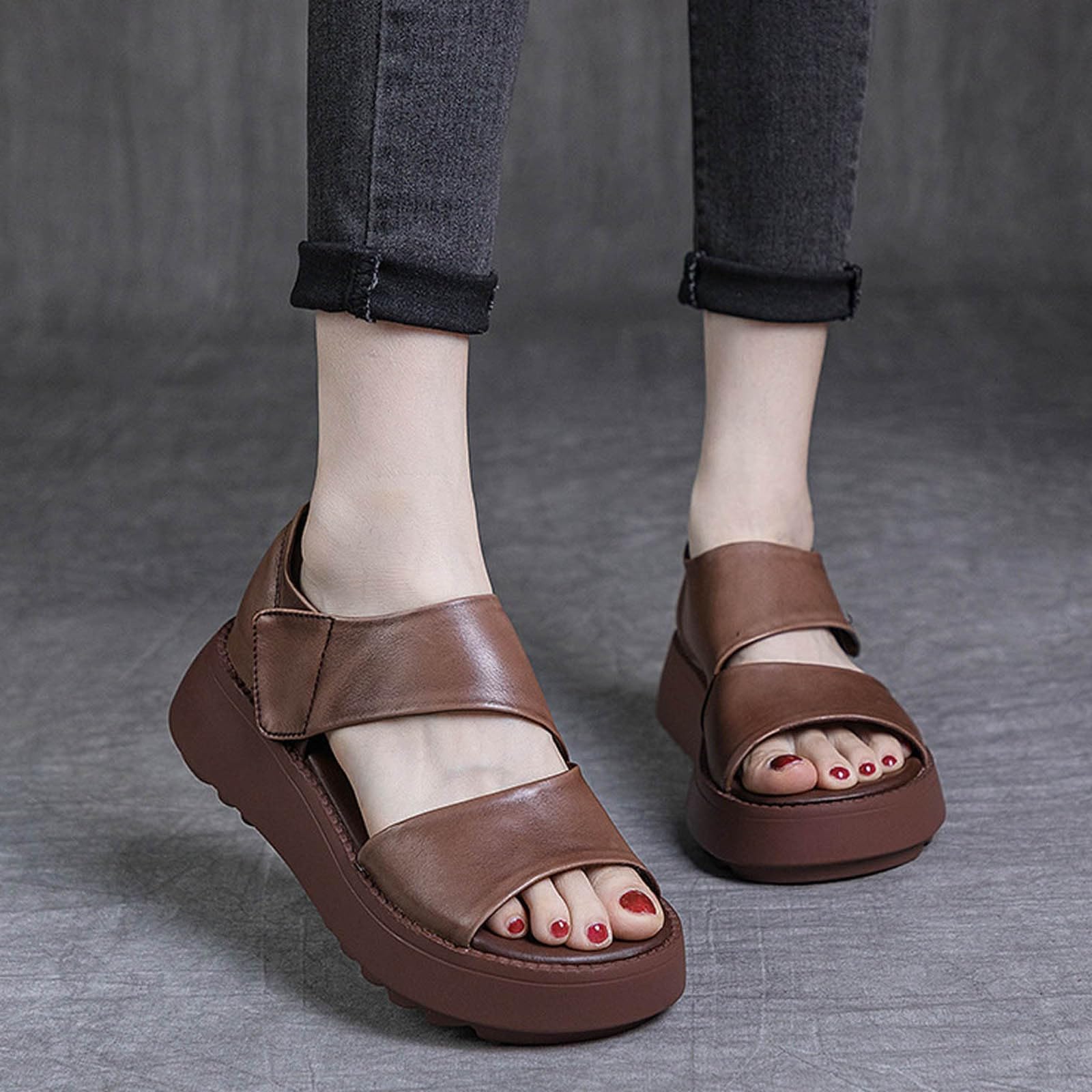 Générique Damskie sandały damskie buty z grubą podeszwą, odkryte palce, rybie usta, codzienne szelki w stylu retro, sandały do noszenia na co dzień, boho, perłowa skóra