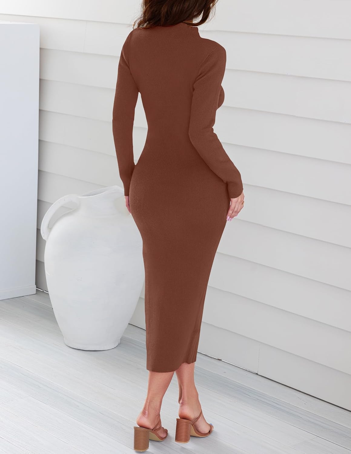 ZESICA Women's 2026 Ribbed Knit Dress Long Sleeve Mock Neck Slim Fit Side Slit Fall Elegant Sweater Dresses - Image 4