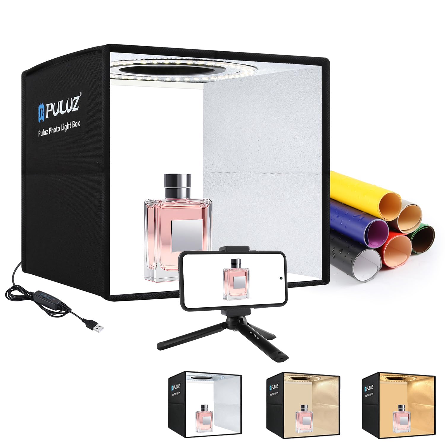 Mini Photo Light Box Photography, PULUZ 25cm/9.8inch Portable Photo Studio Lightbox Folding Dimmable 3 Color Temperature 96pcs LED Light with 6 Dual-Side Color Backdrops