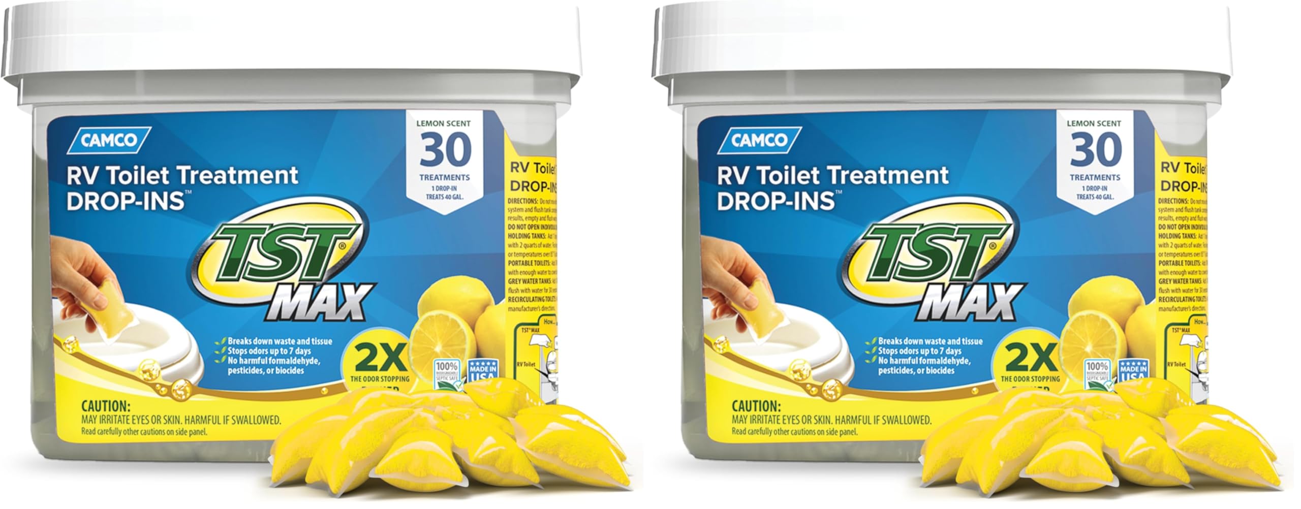 Camco TST MAX RV Toilet Treatment Drop-INs - Control Unwanted Odors &amp; Break Down Waste and Tissue - Safe Septic Tank Treatment - Lemon Scent - 30-Count (41577) (Pack of 2)