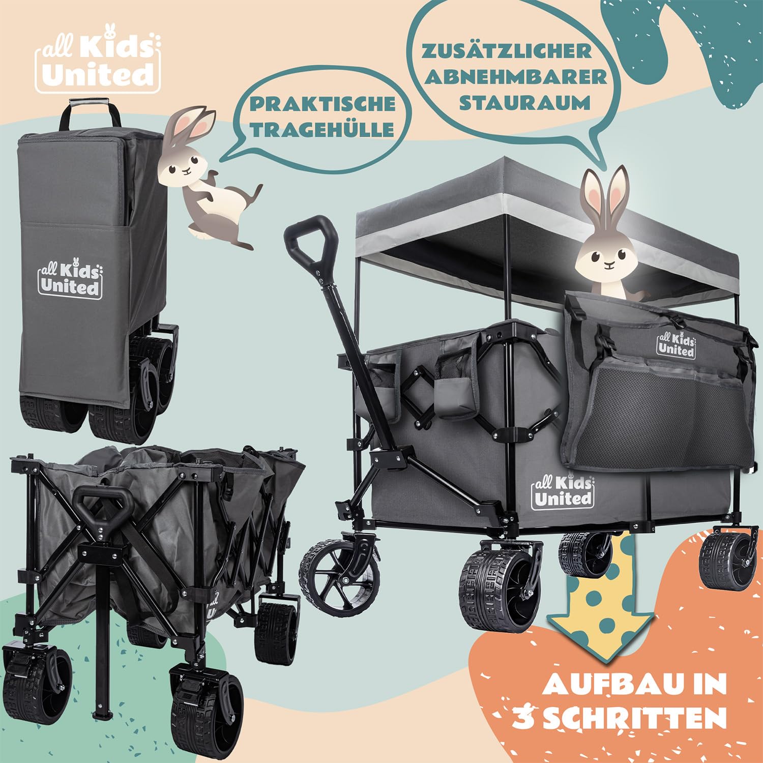 Faltbarer Bollerwagen Handwagen Transportkarre; Strand-Buggy bis 90L&150kg; XXL Geländeräder mit Bremse; Leiterwagen; Camping-Wagen für Strand, Garten & Outdoor; Verstellbarer Griff & Tasche (Grau)
