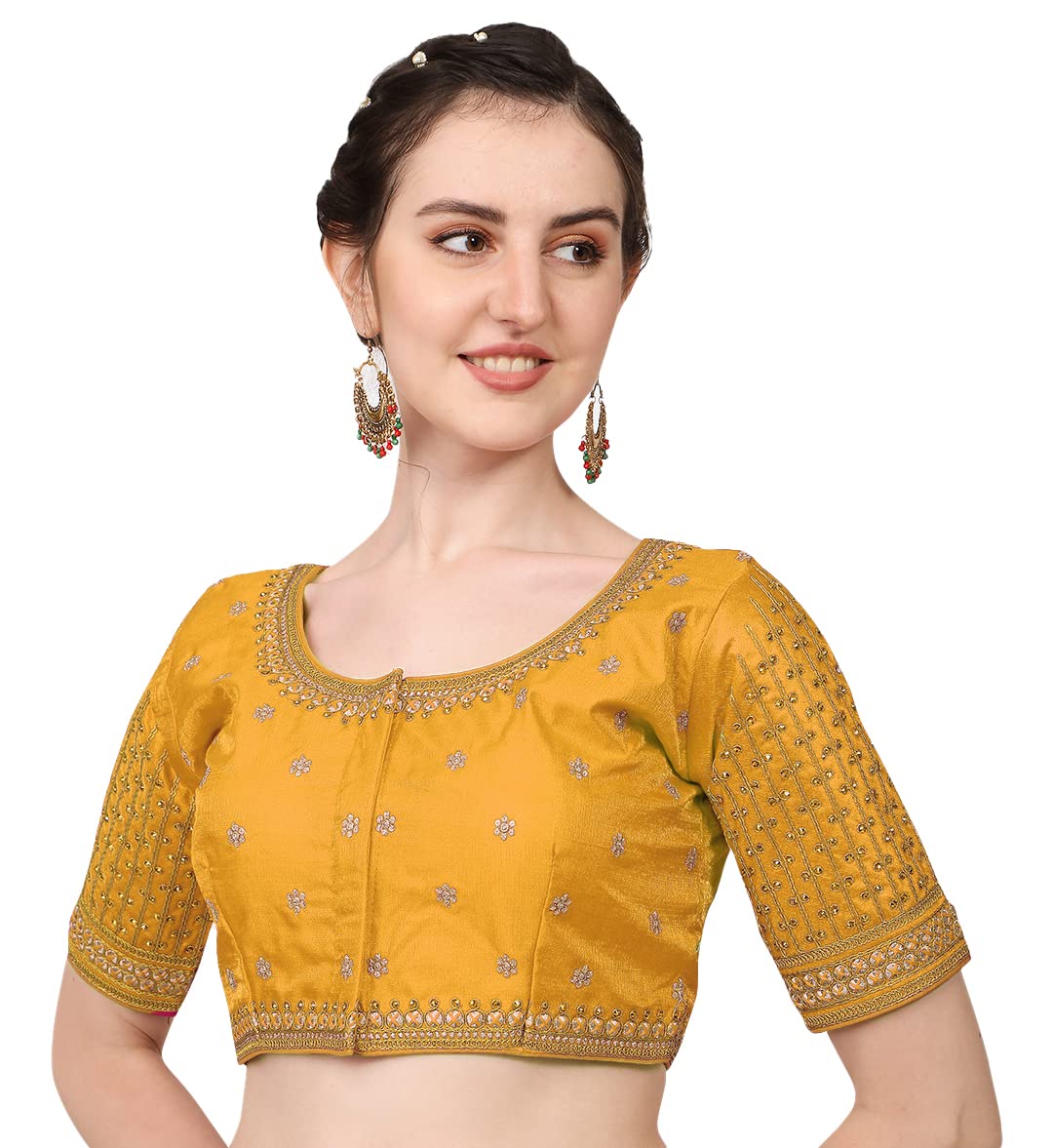 Pujia Mills Women's Cobra Silk Embroidery Coding Stone Work Half Sleeve Saree Blouse