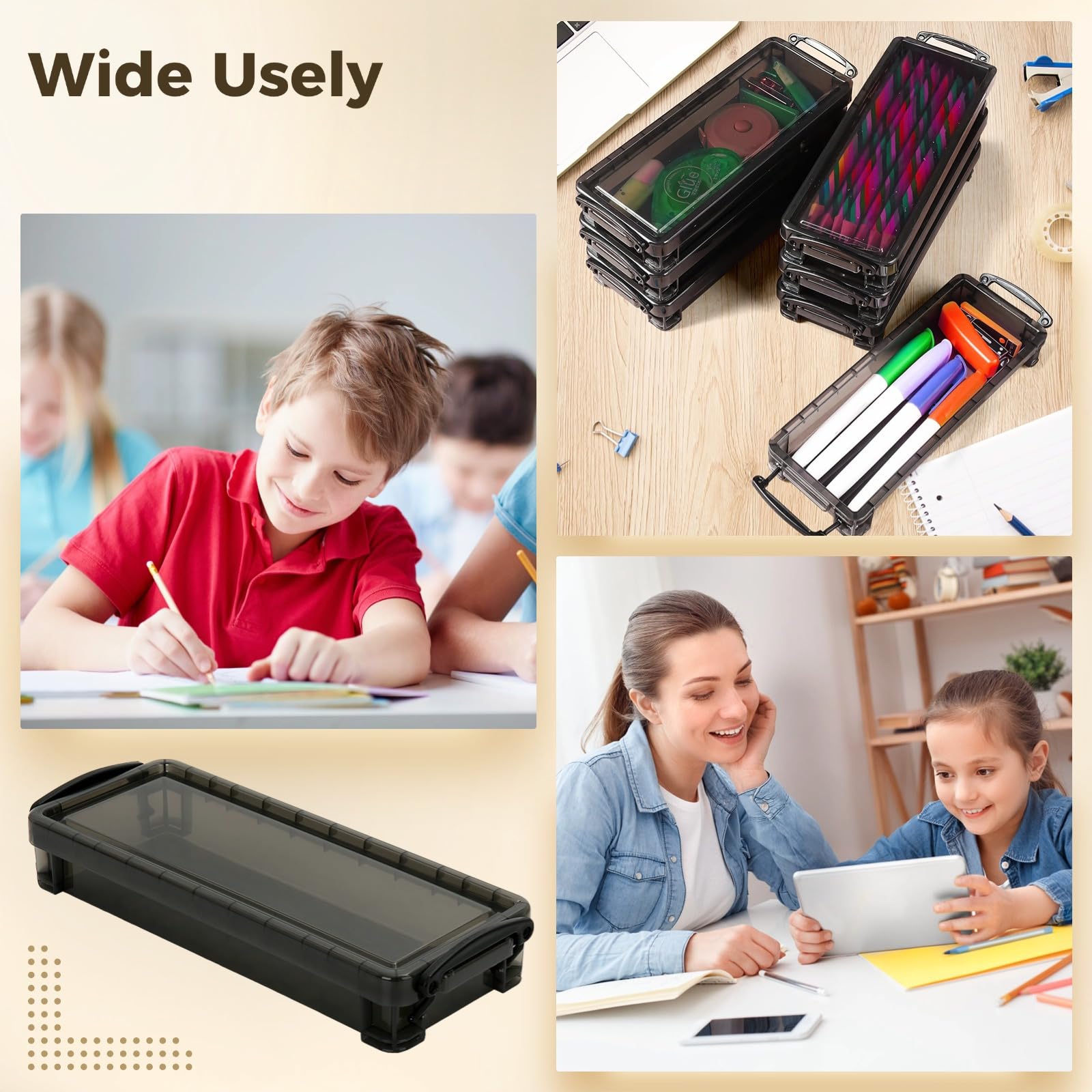 8 estuches para almacenamiento de escritorio, plástico semitransparente, diseño rectangular negro, cierres a presión, gran capacidad, apilables y compactos, para escuela, oficina y uso doméstico