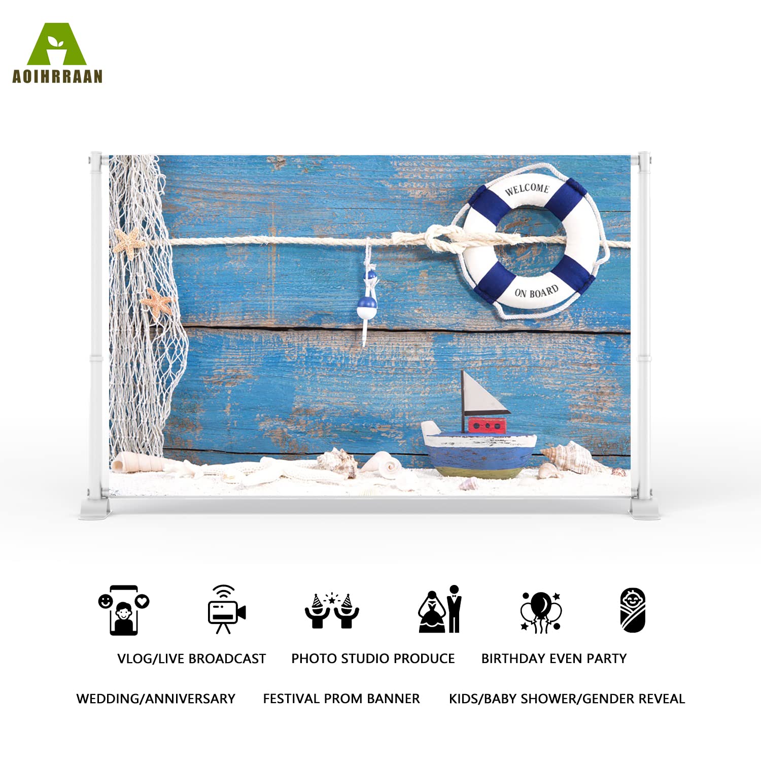 Aoihrraan 2,2x1,5m Telón de Fondo náutico Navegación Salvavidas Tablero de Madera Azul Viaje marítimo Fondo de fotografía Suministros para Baby Shower Sesión de Boda Niños Adultos Retrato Foto Prop